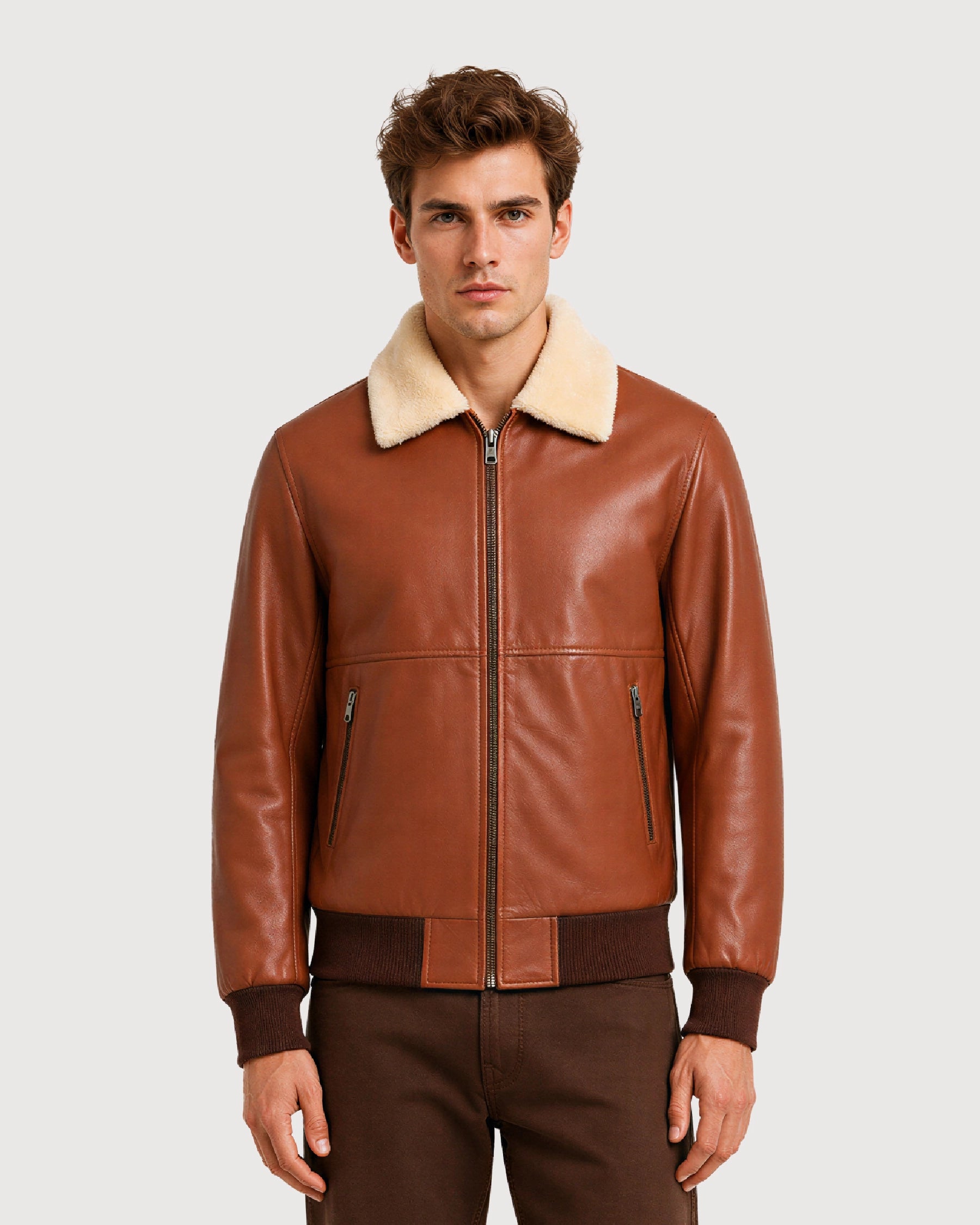 AERO Brown Shearling Collar Bomber Leather Jacket