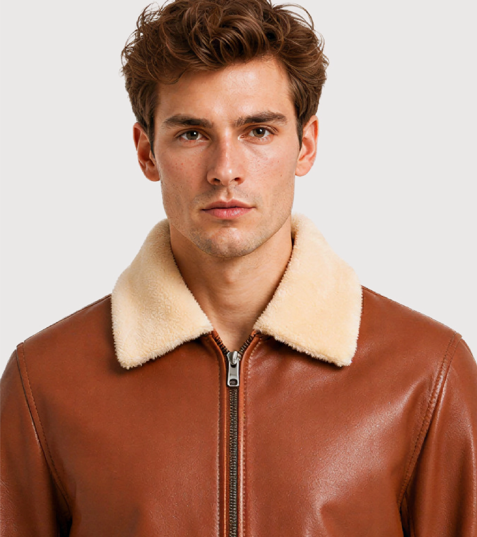 AERO Brown Shearling Collar Bomber Leather Jacket - Zoom