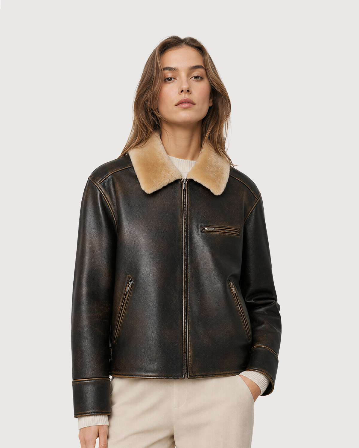 AIREN Distressed Brown Shearling Collar Leather Jacket