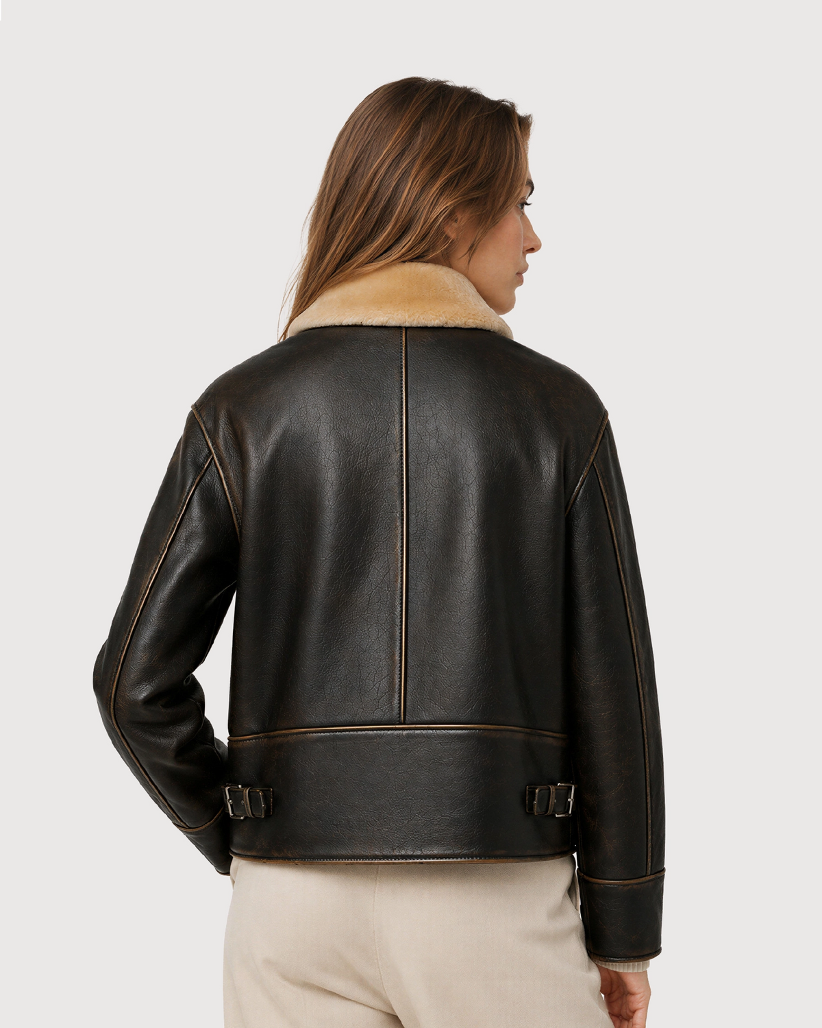 AIREN Distressed Brown Shearling Collar Leather Jacket - Back