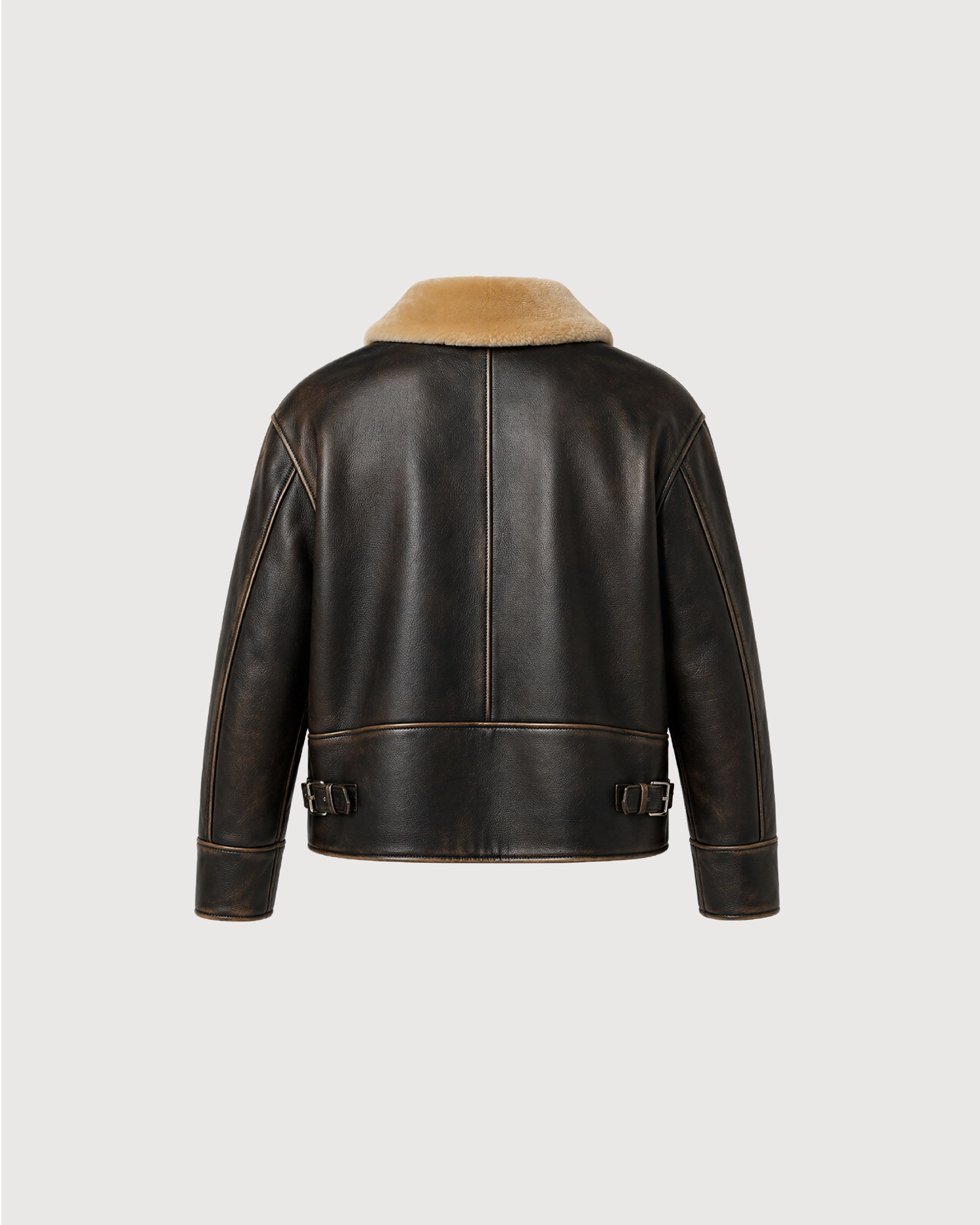 AIREN Distressed Brown Shearling Collar Leather Jacket - Back Pattern
