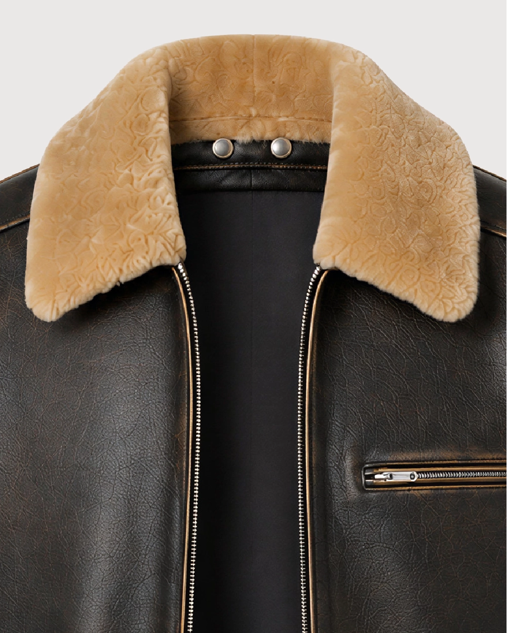 AIREN Distressed Brown Shearling Collar Leather Jacket - Fur Collar