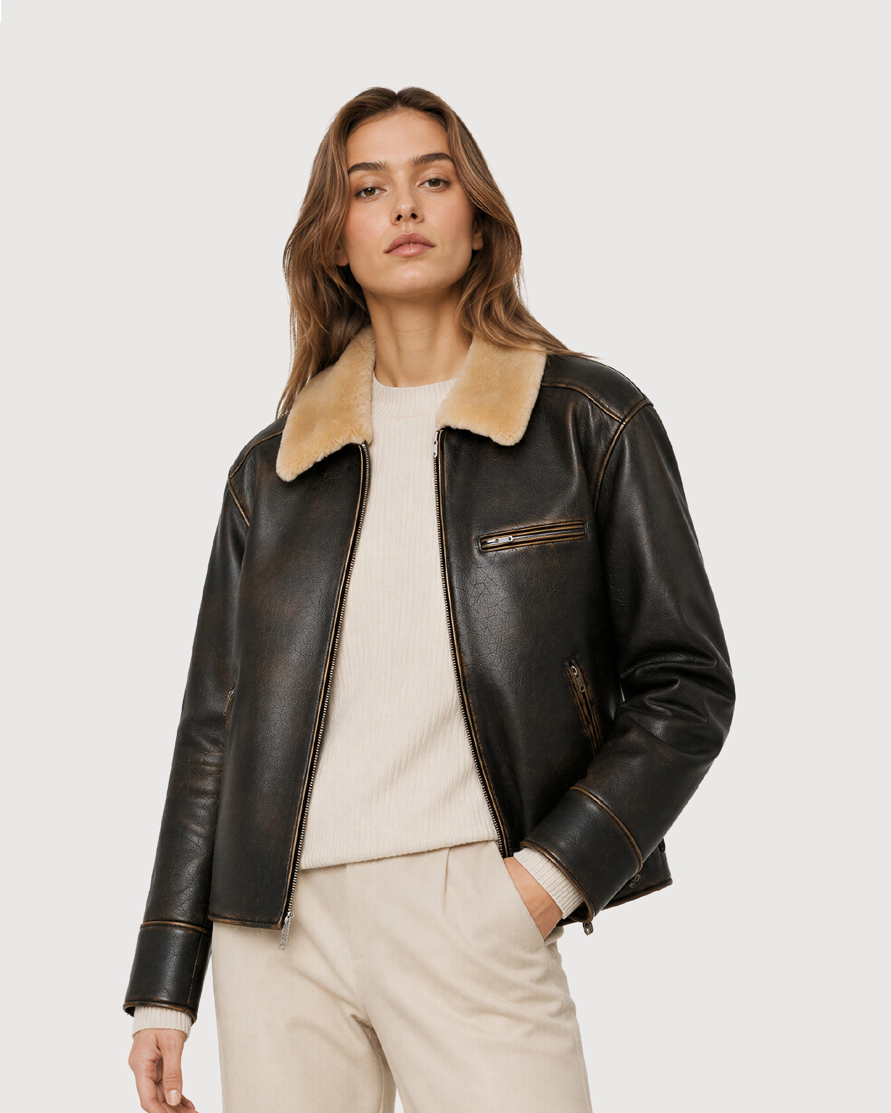 AIREN Distressed Brown Shearling Collar Leather Jacket - Open Zipper