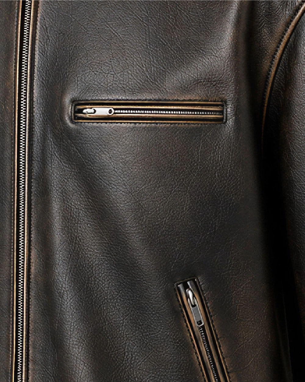 AIREN Distressed Brown Shearling Collar Leather Jacket - Pocket Zipper