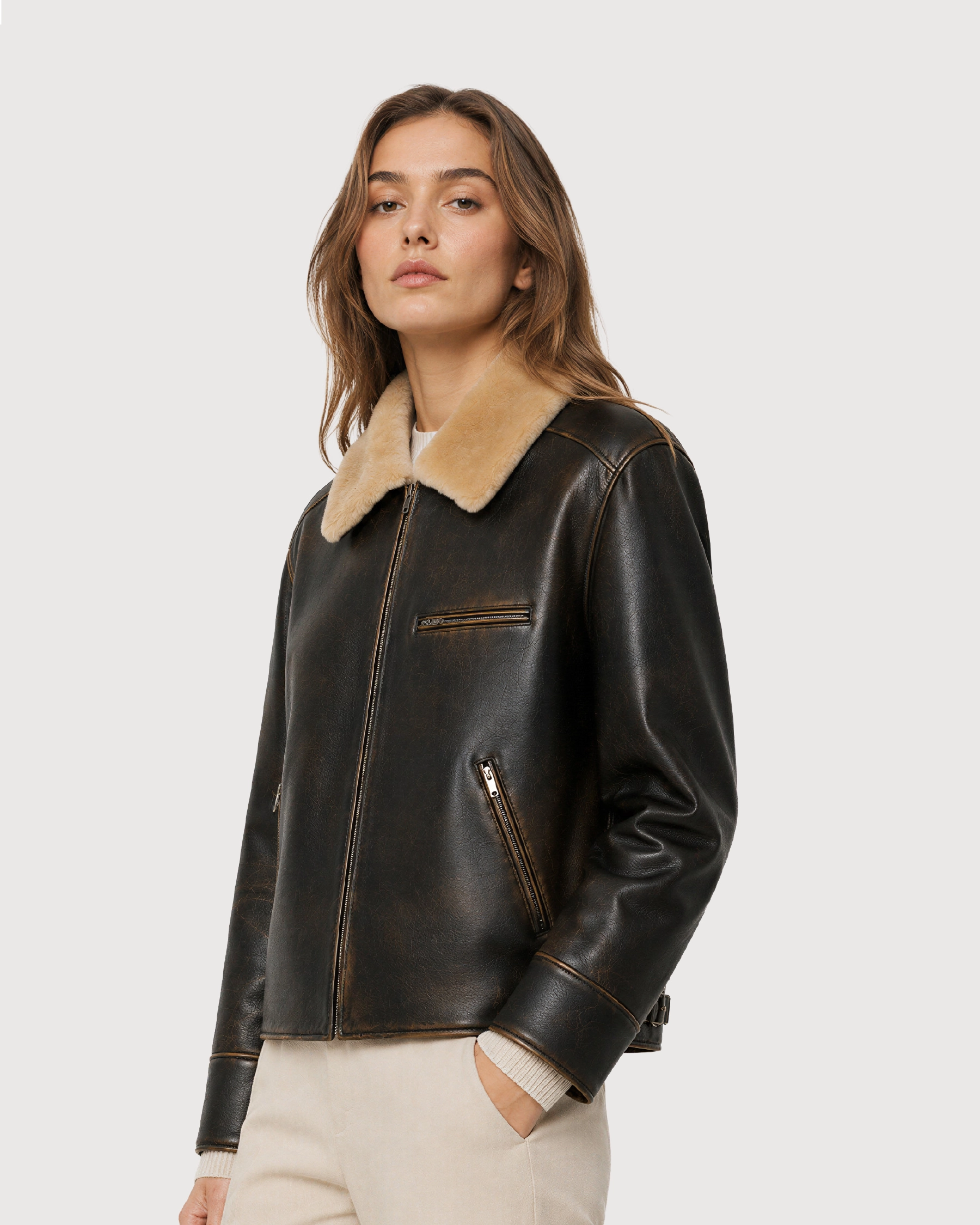 AIREN Distressed Brown Shearling Collar Leather Jacket - Side