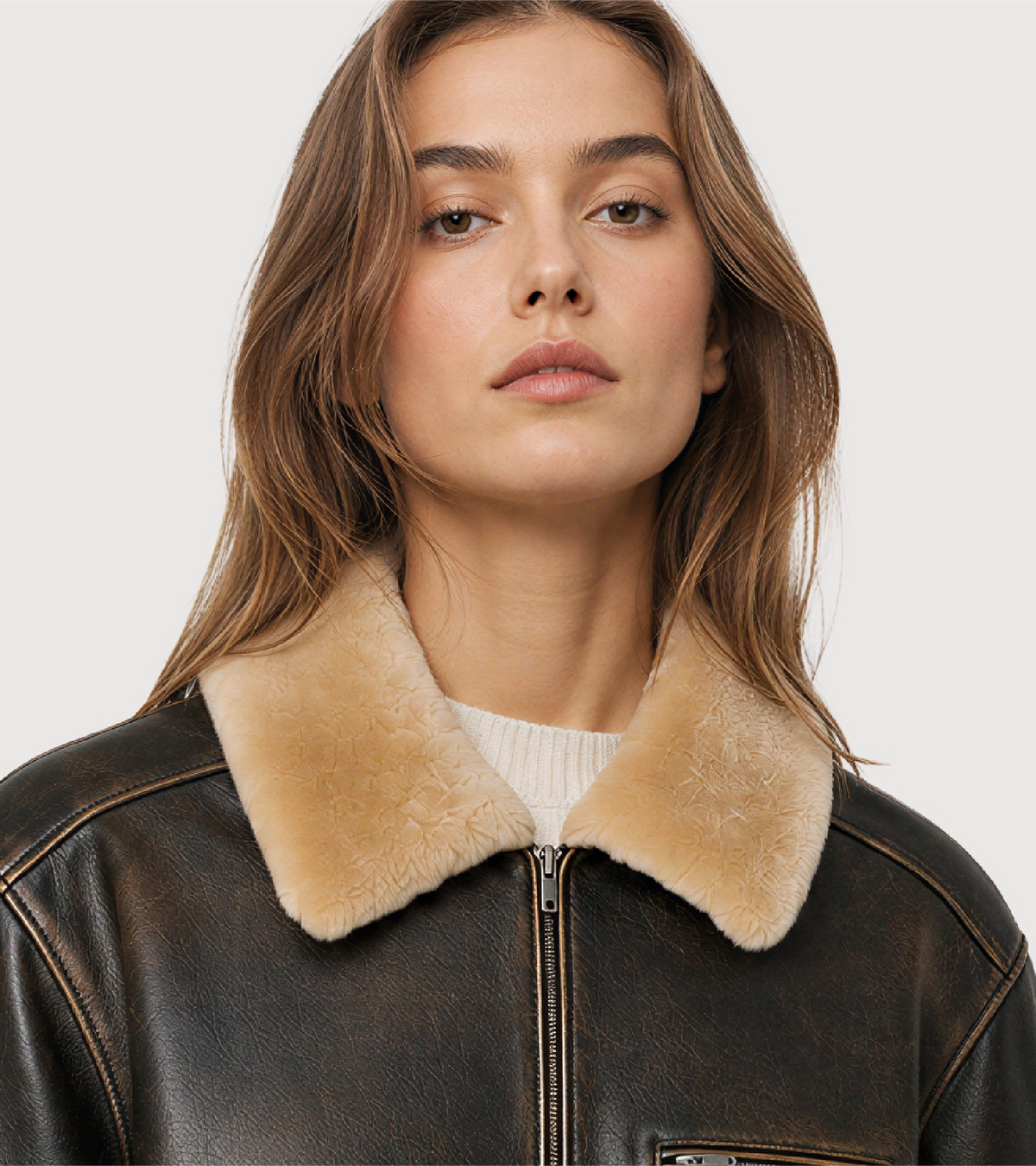 AIREN Distressed Brown Shearling Collar Leather Jacket - Zoom