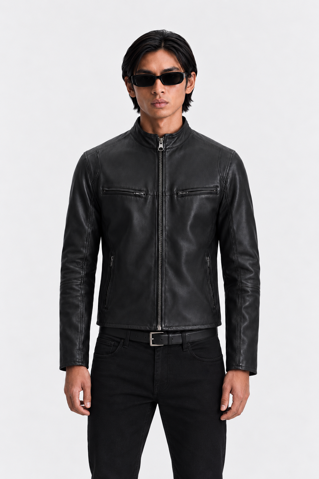 ANCE Black Biker Leather Jacket - Front