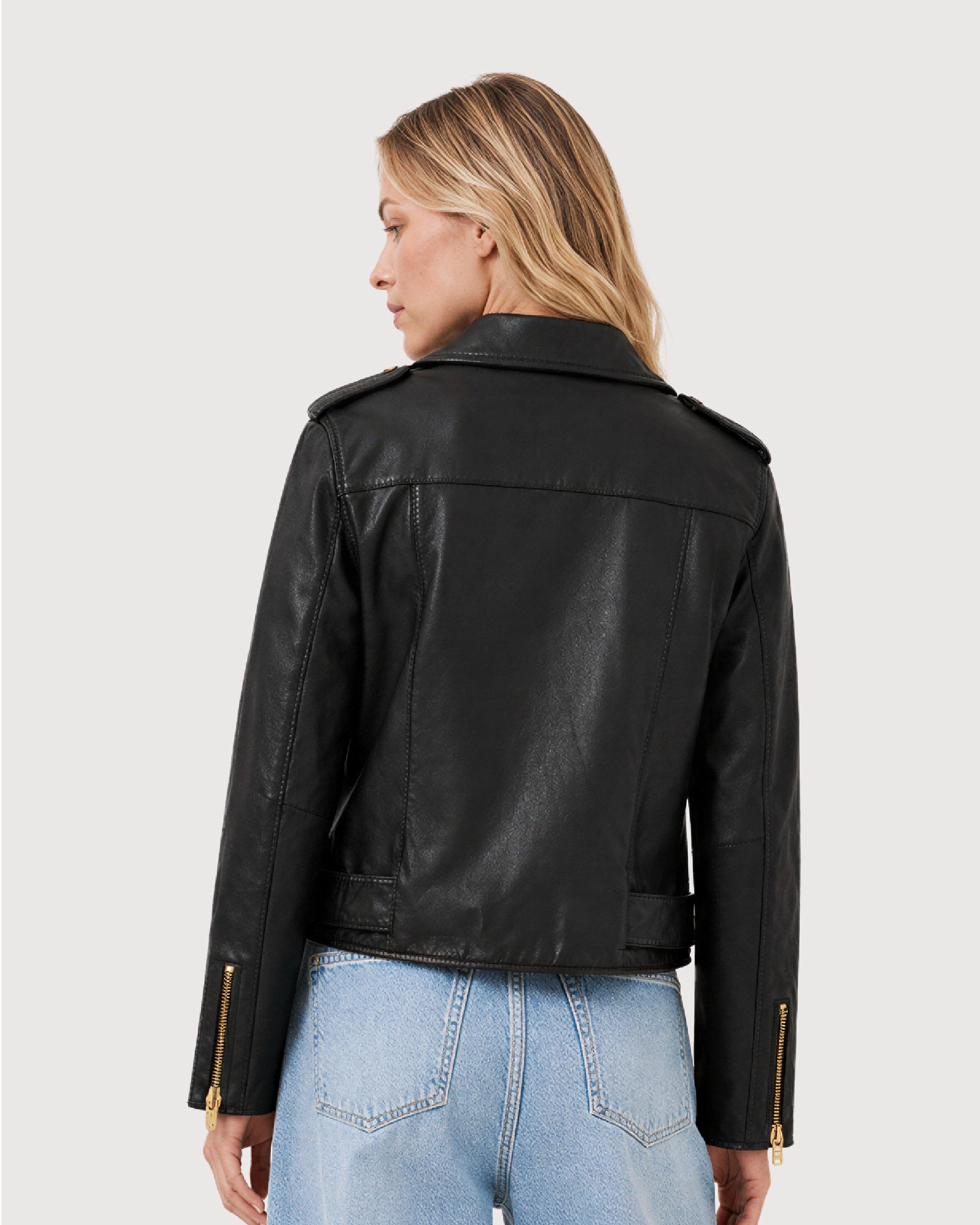 AUREL Black Leather Biker Jacket - Back