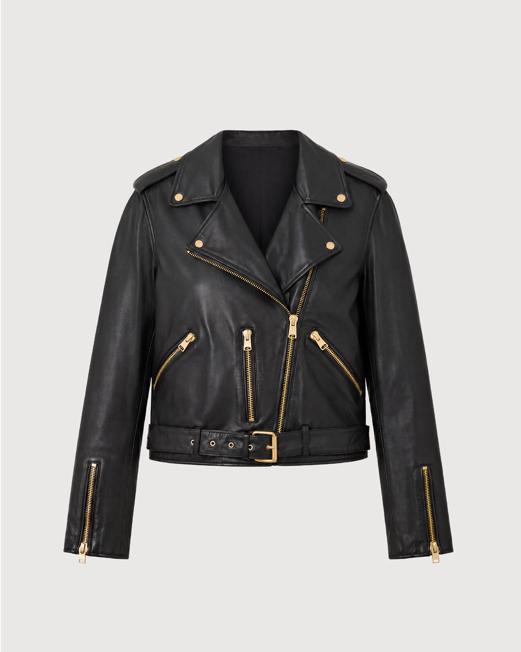 AUREL Black Leather Biker Jacket - Front