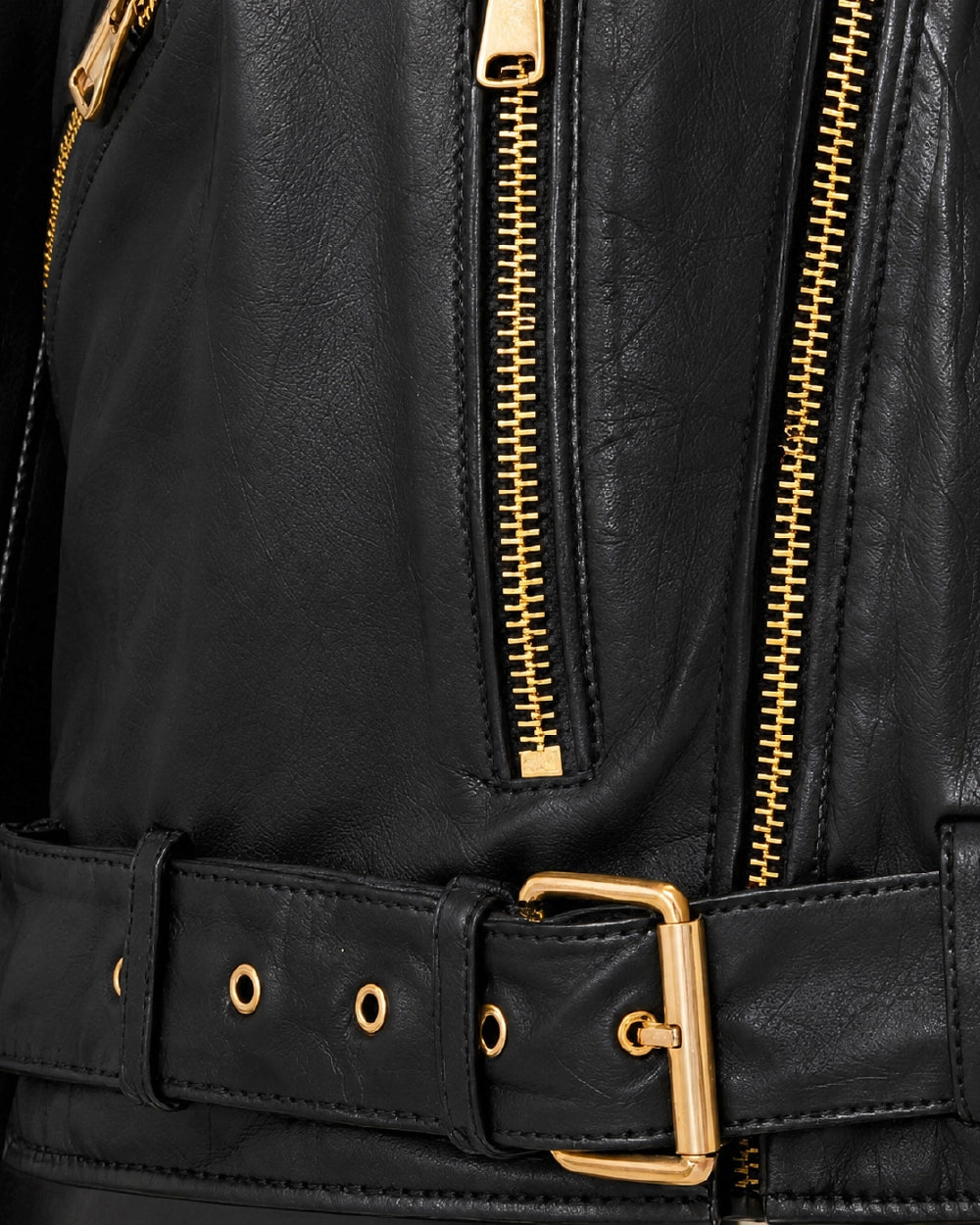 AUREL Black Leather Biker Jacket - Gold Accessories