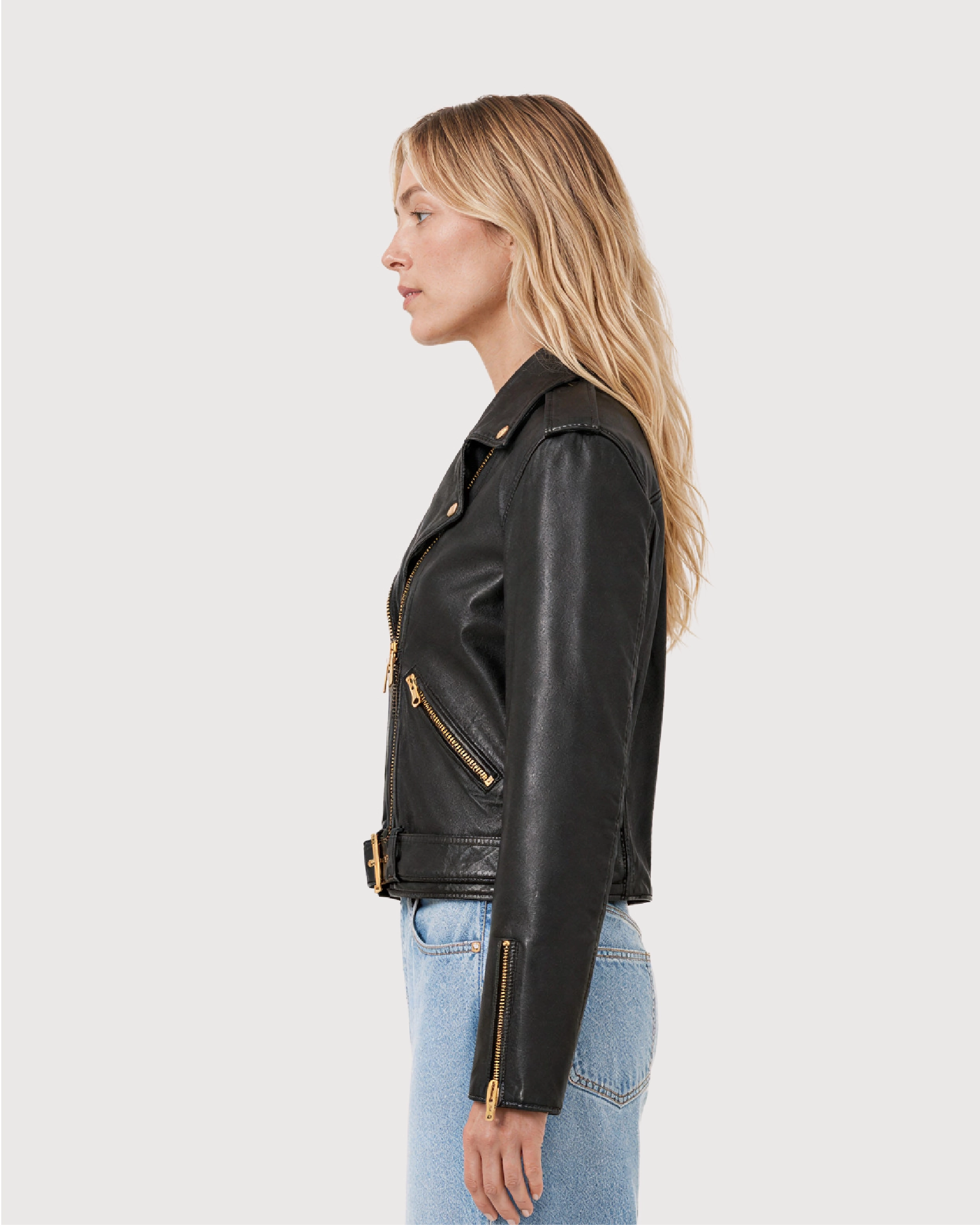 AUREL Black Leather Biker Jacket - Side Profile