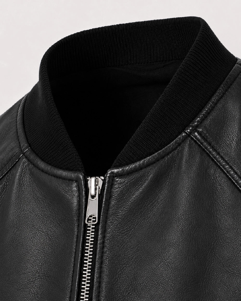 AVIA Black Ribbed Leather Bomber Jacket - Collar