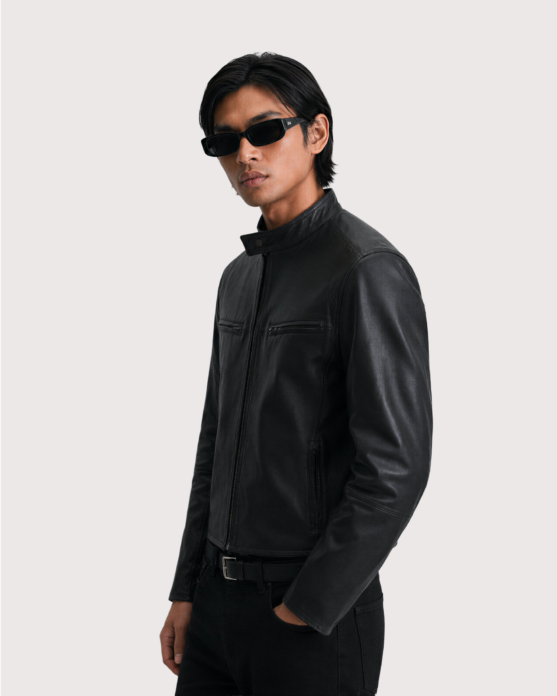 Ance Black Biker Leather Jacket - Left