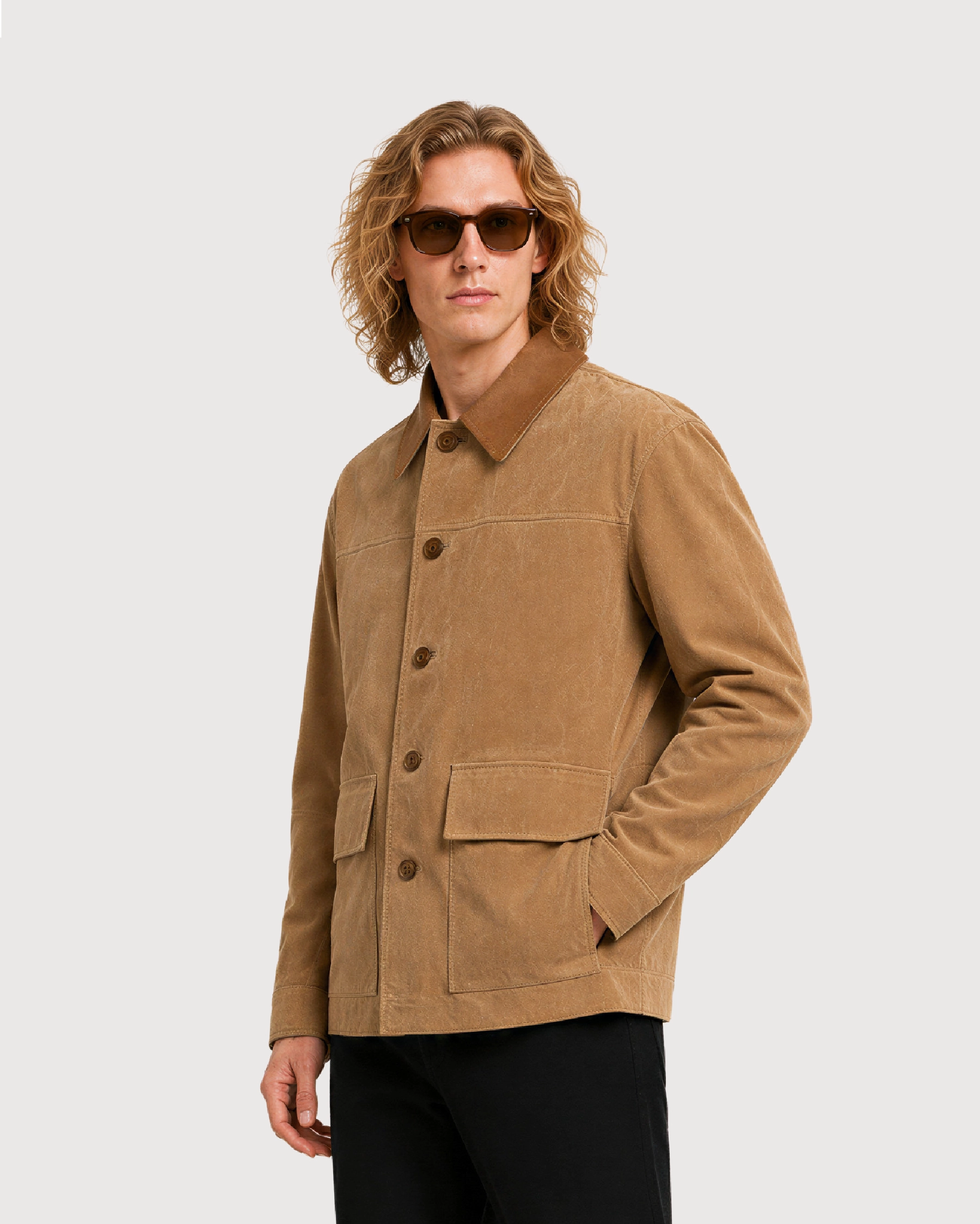 BRIX Tan Suede Trucker Leather Jacket - Side