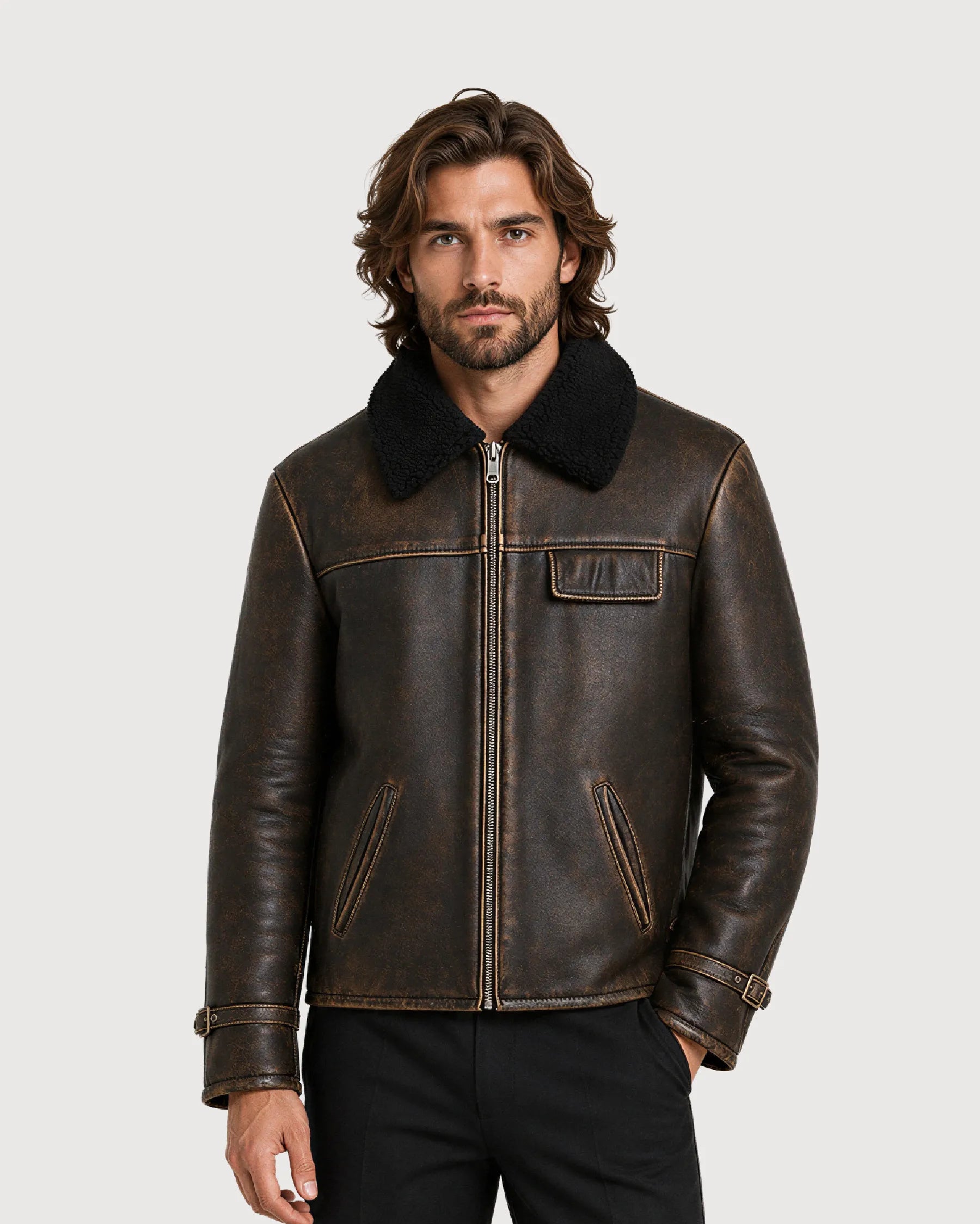 BRONSON Distressed Brown Shearling Leather Jacket