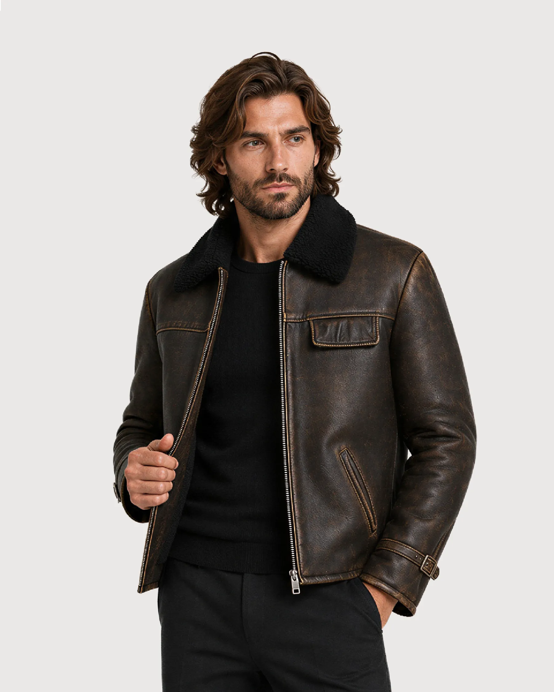 BRONSON Distressed Brown Shearling Leather Jacket - Right