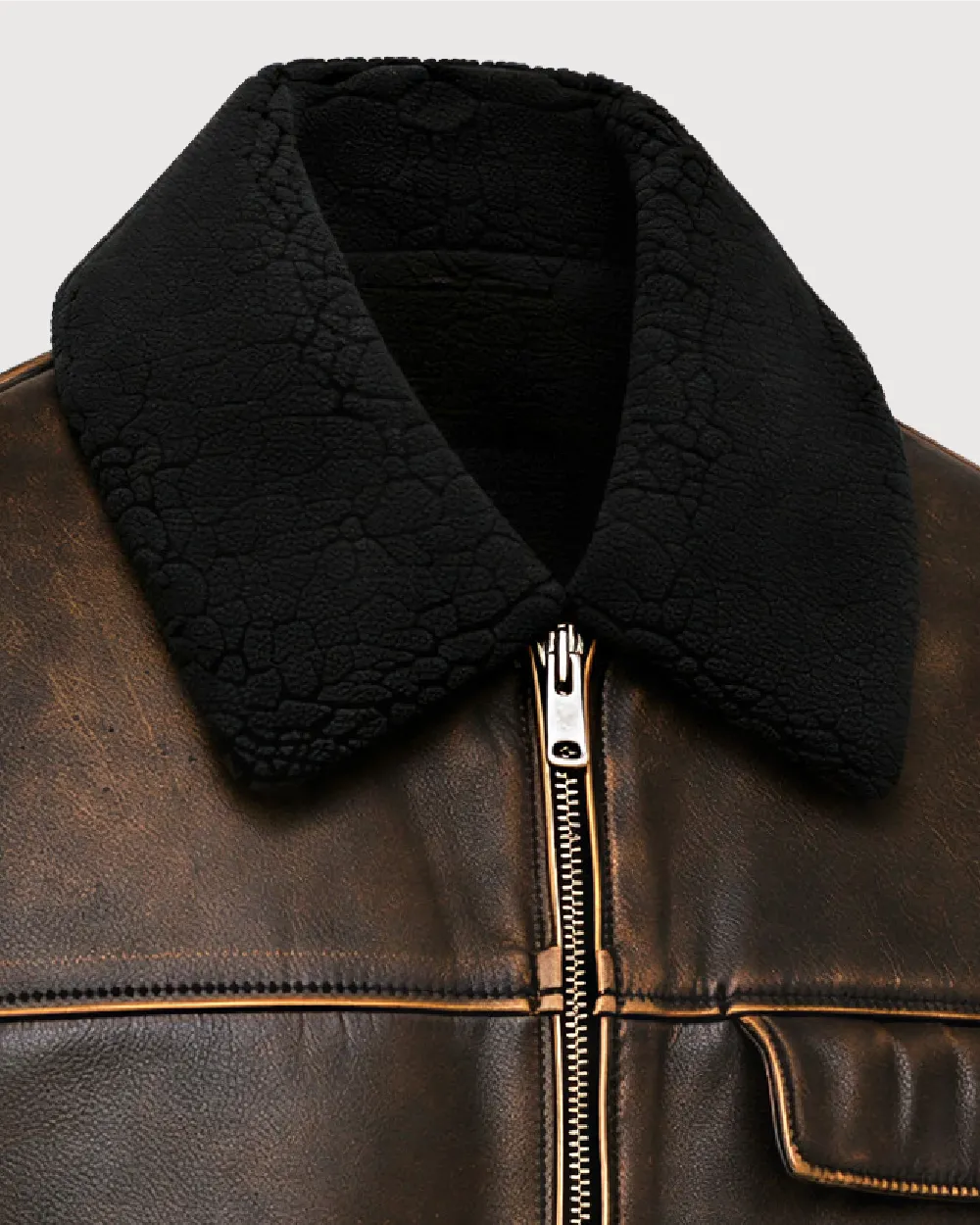 BRONSON Distressed Brown Shearling Leather Jacket - Shearling Collar