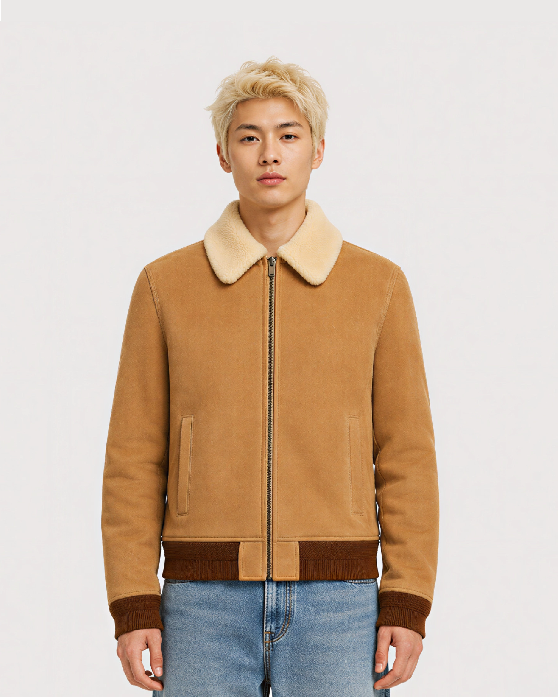 COVE Beige Suede Shearling Bomber Leather Jacket
