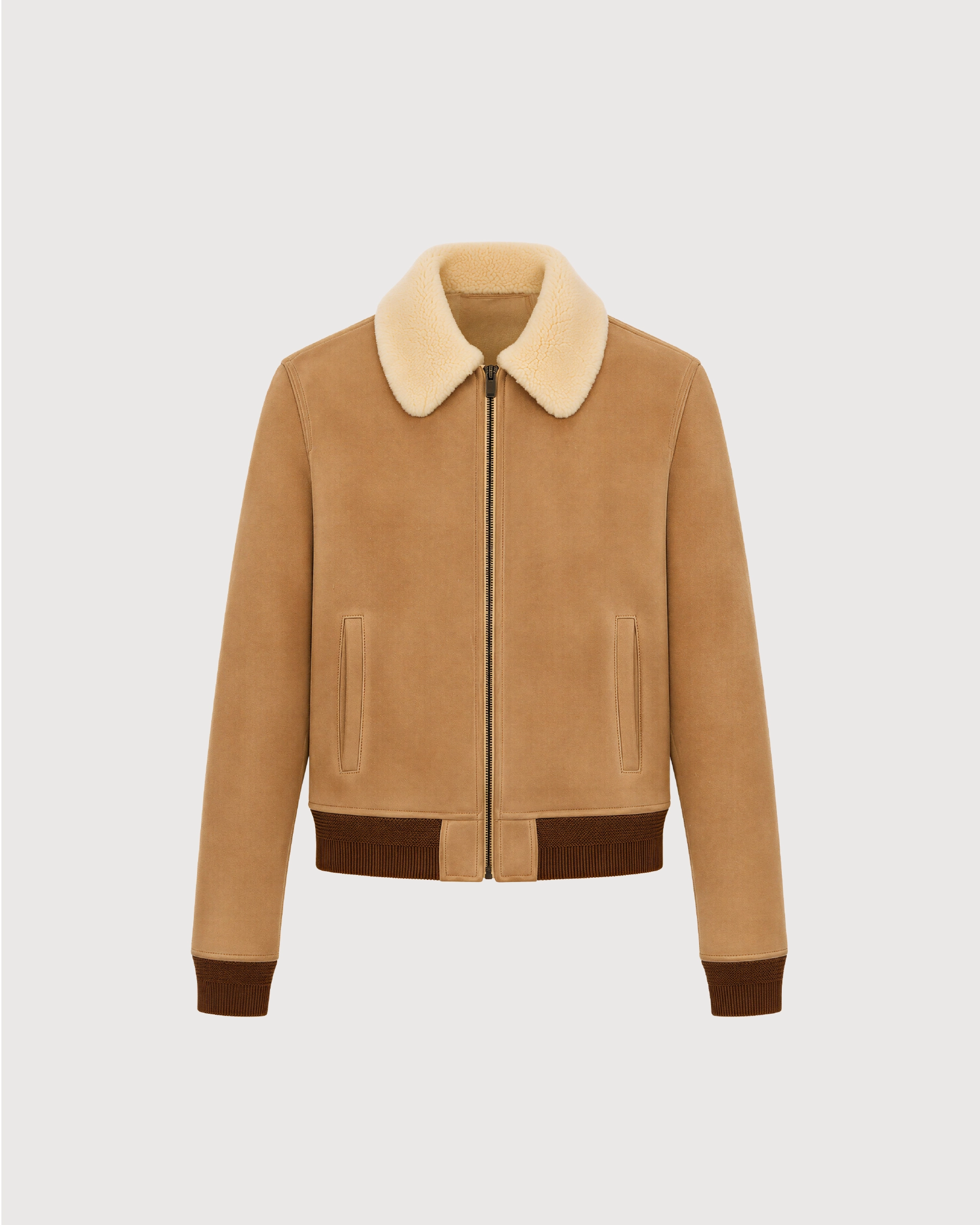 COVE Beige Suede Shearling Bomber Leather Jacket - Front