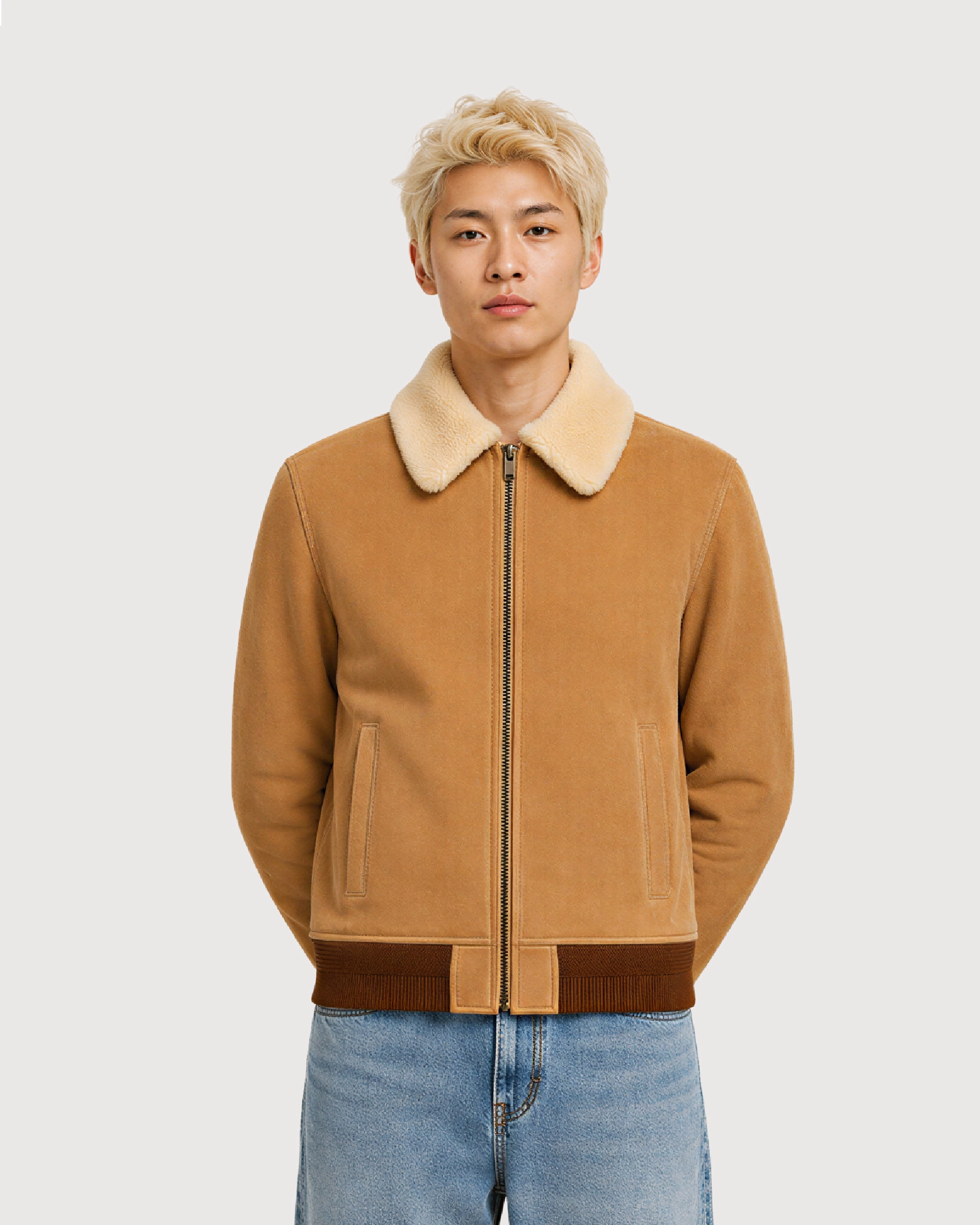 COVE Beige Suede Shearling Bomber Leather Jacket - Pose