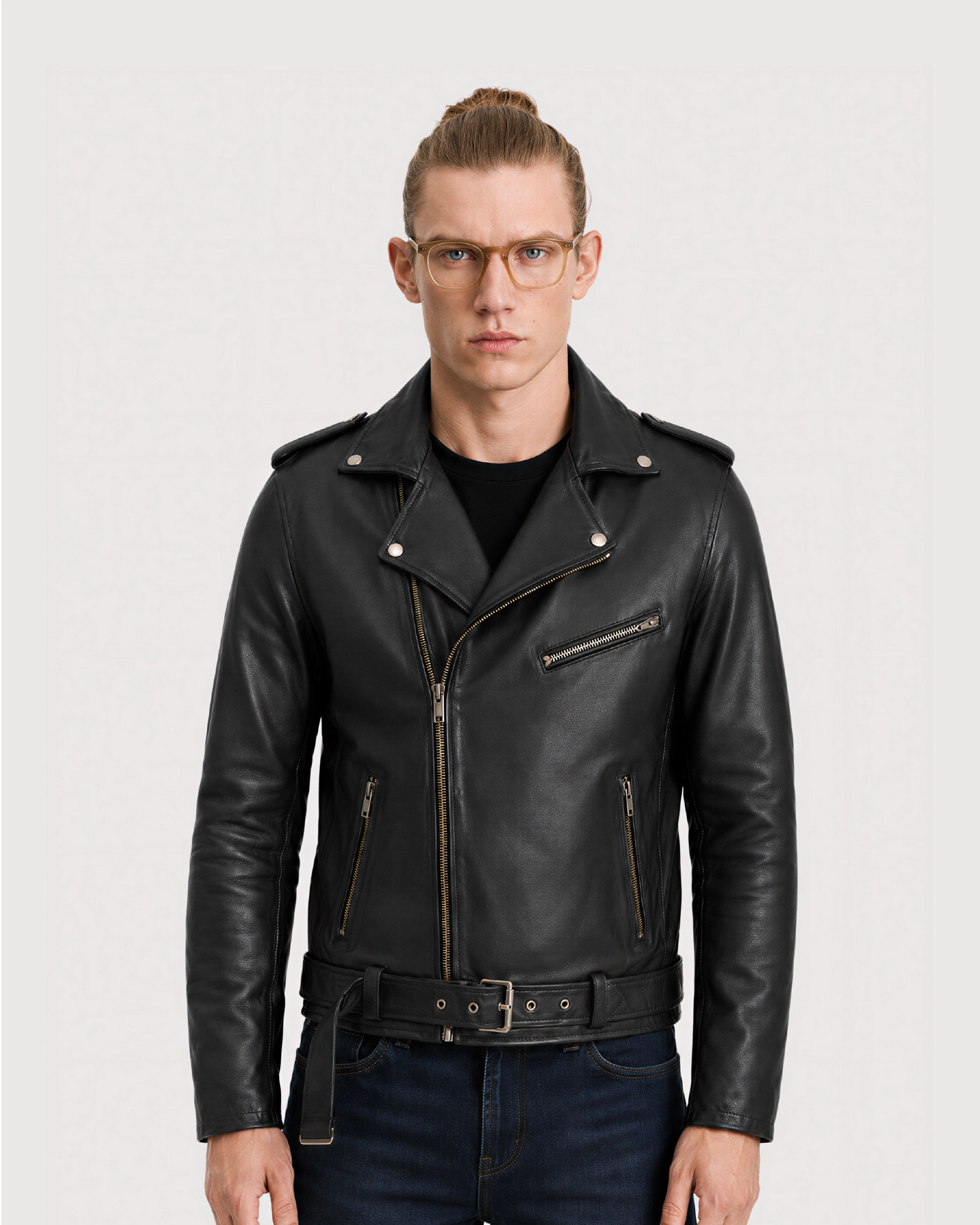 CRUX Black Belted Biker Leather Jacket