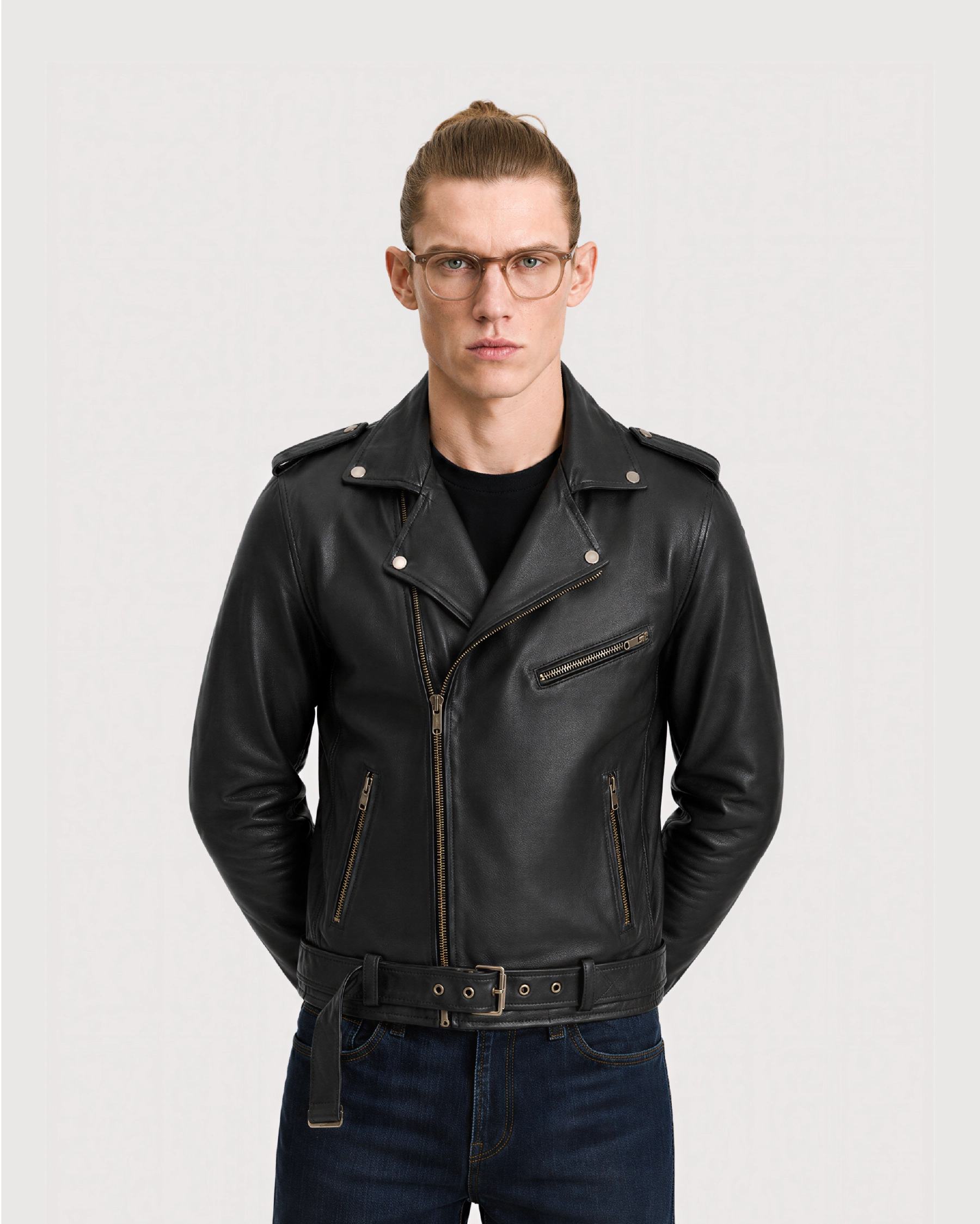 CRUX Black Belted Biker Leather Jacket - Belt