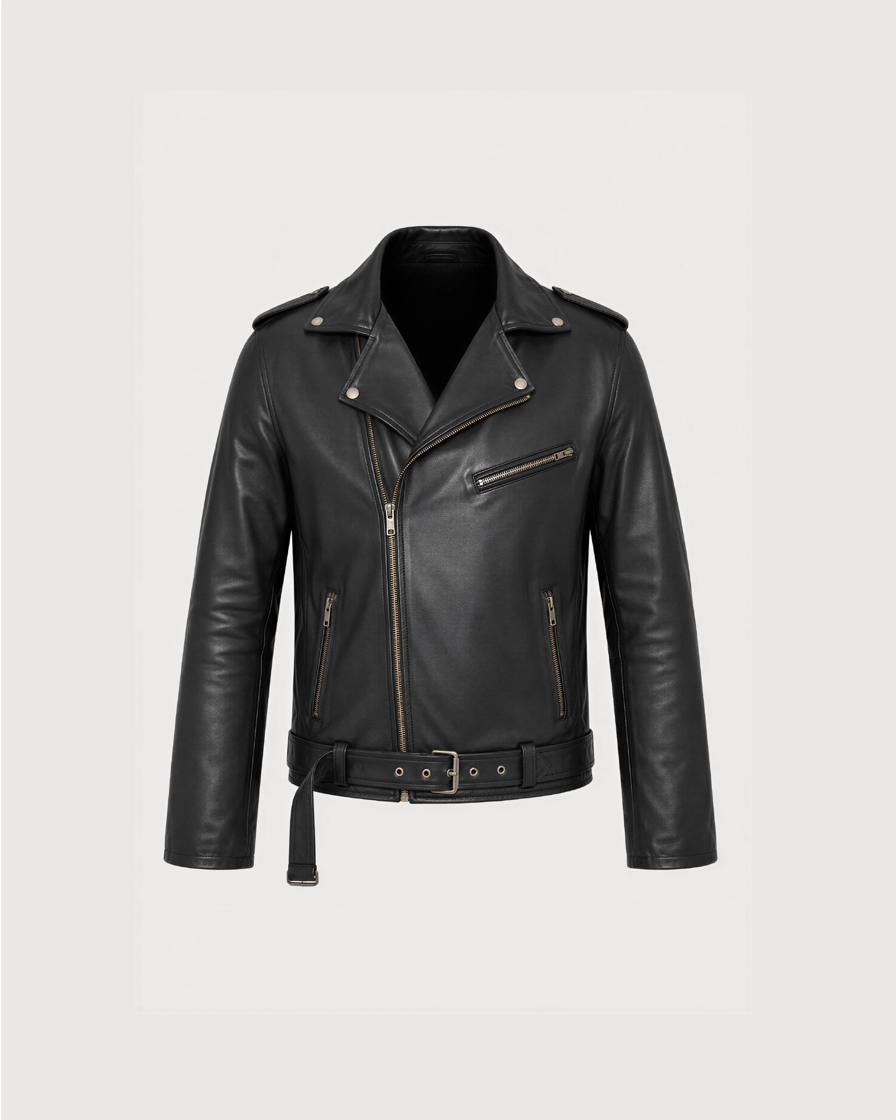 CRUX Black Belted Biker Leather Jacket - Front