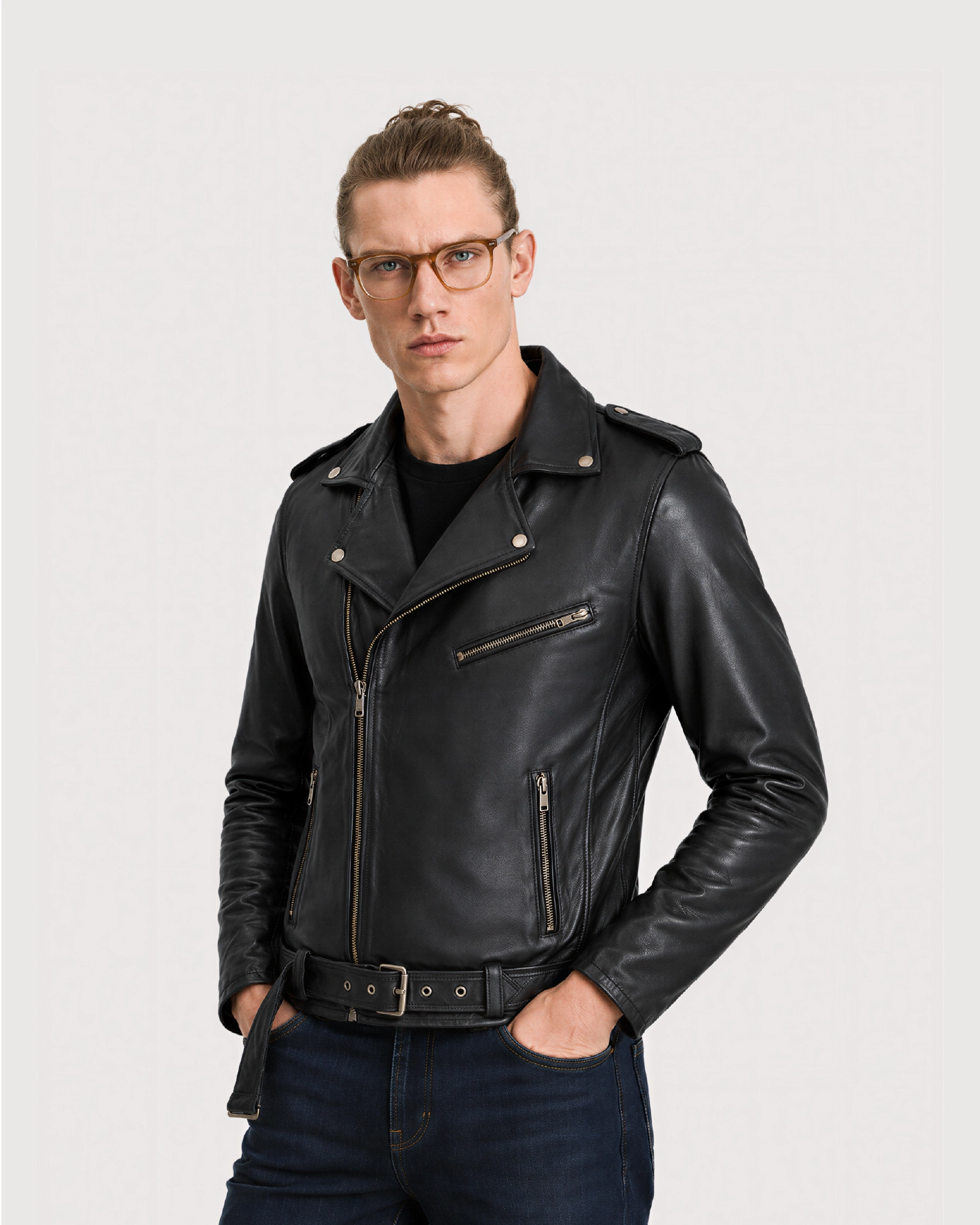 CRUX Black Belted Biker Leather Jacket - Left