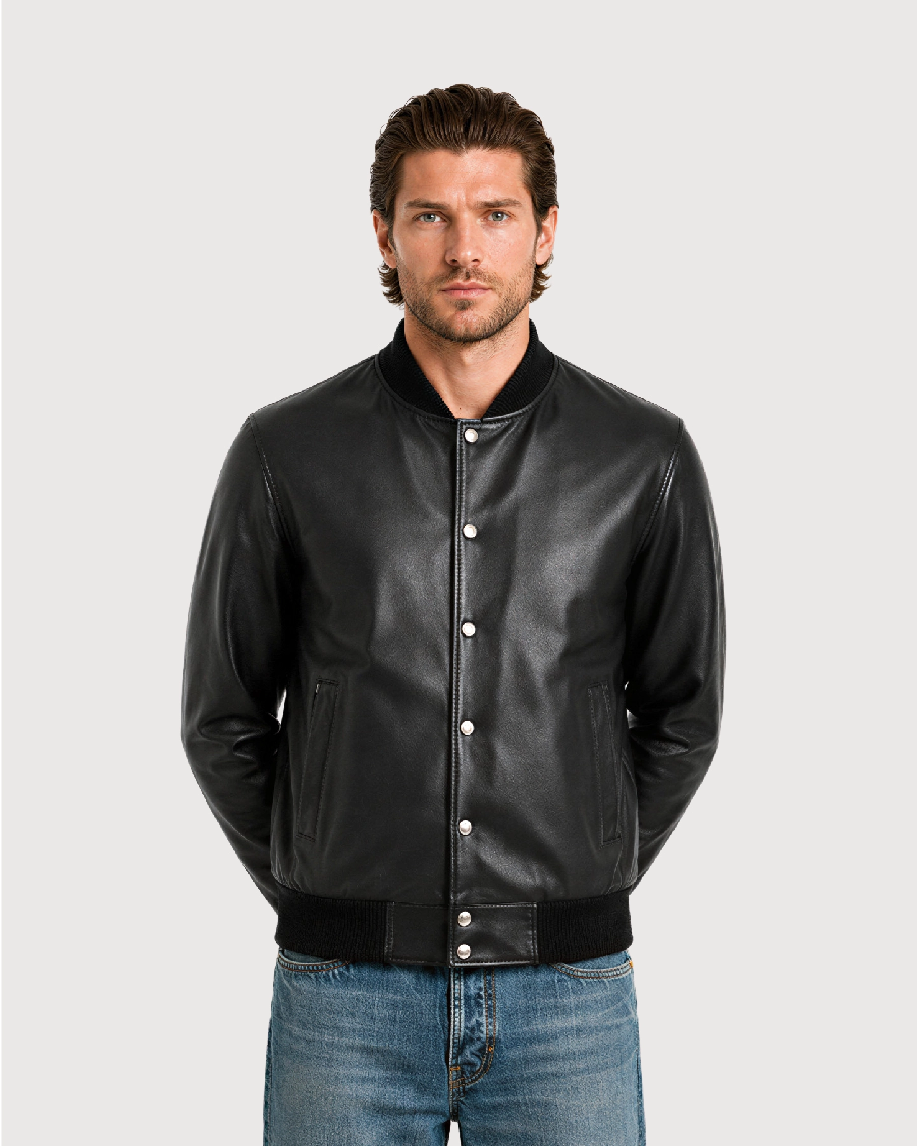 DAX Black Varsity Bomber Leather Jacket - Buttoned