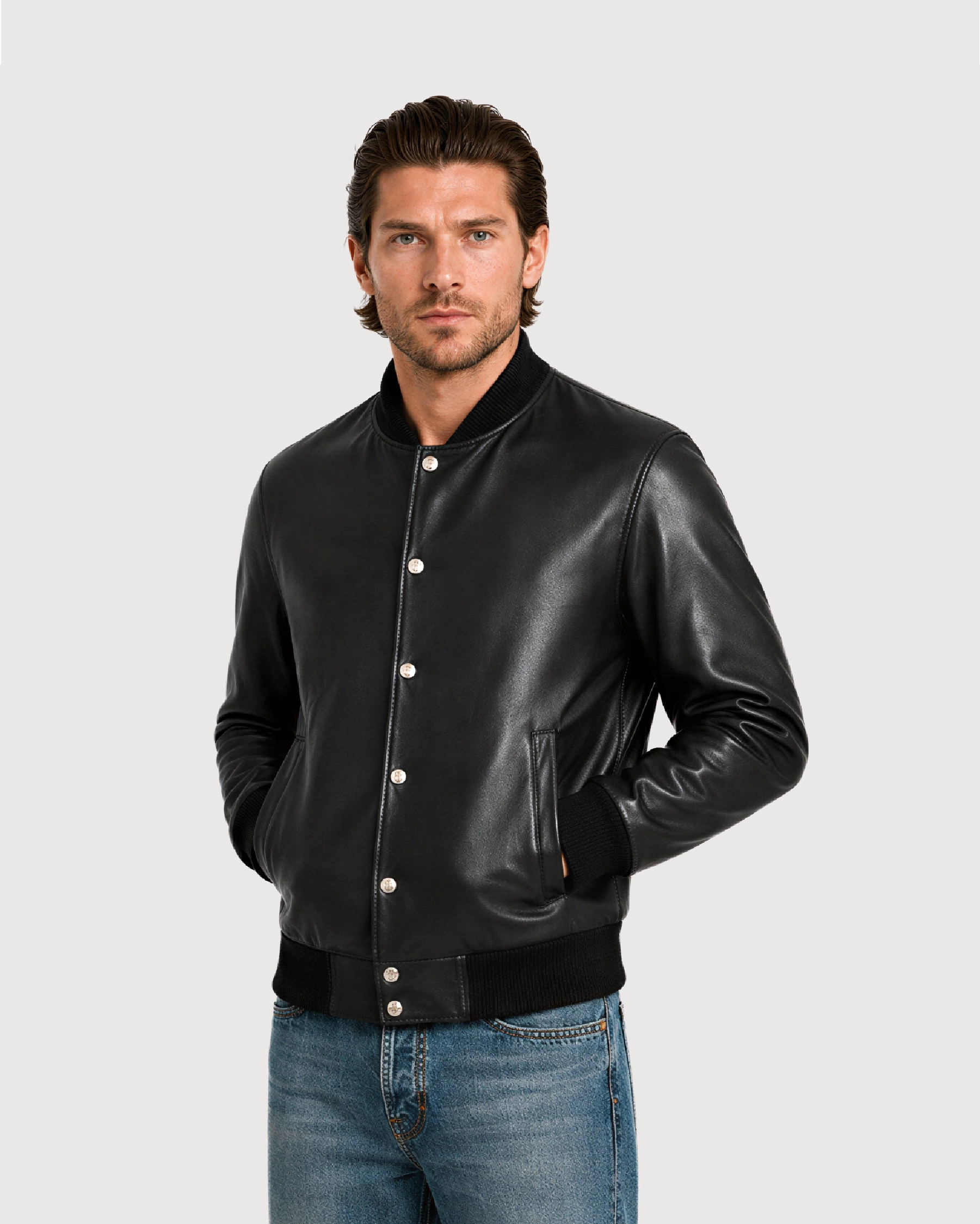 DAX Black Varsity Bomber Leather Jacket - Left