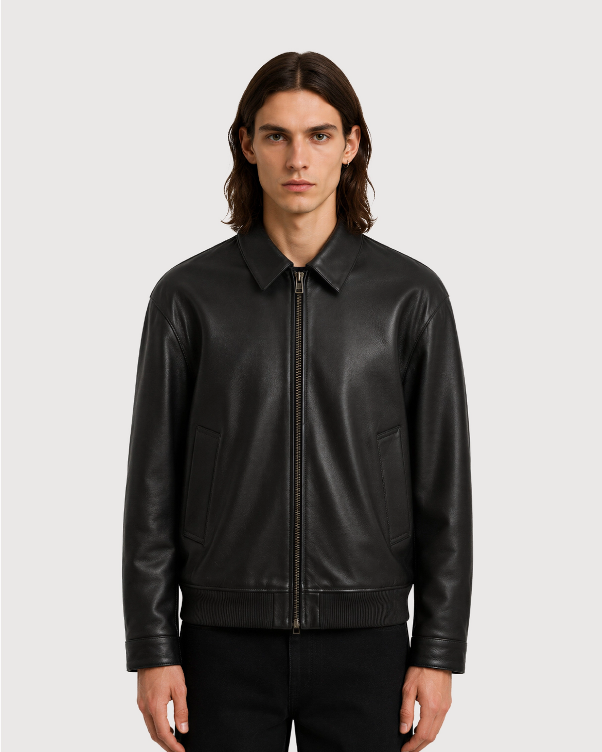 DRAKE Black Collared Leather Jacket
