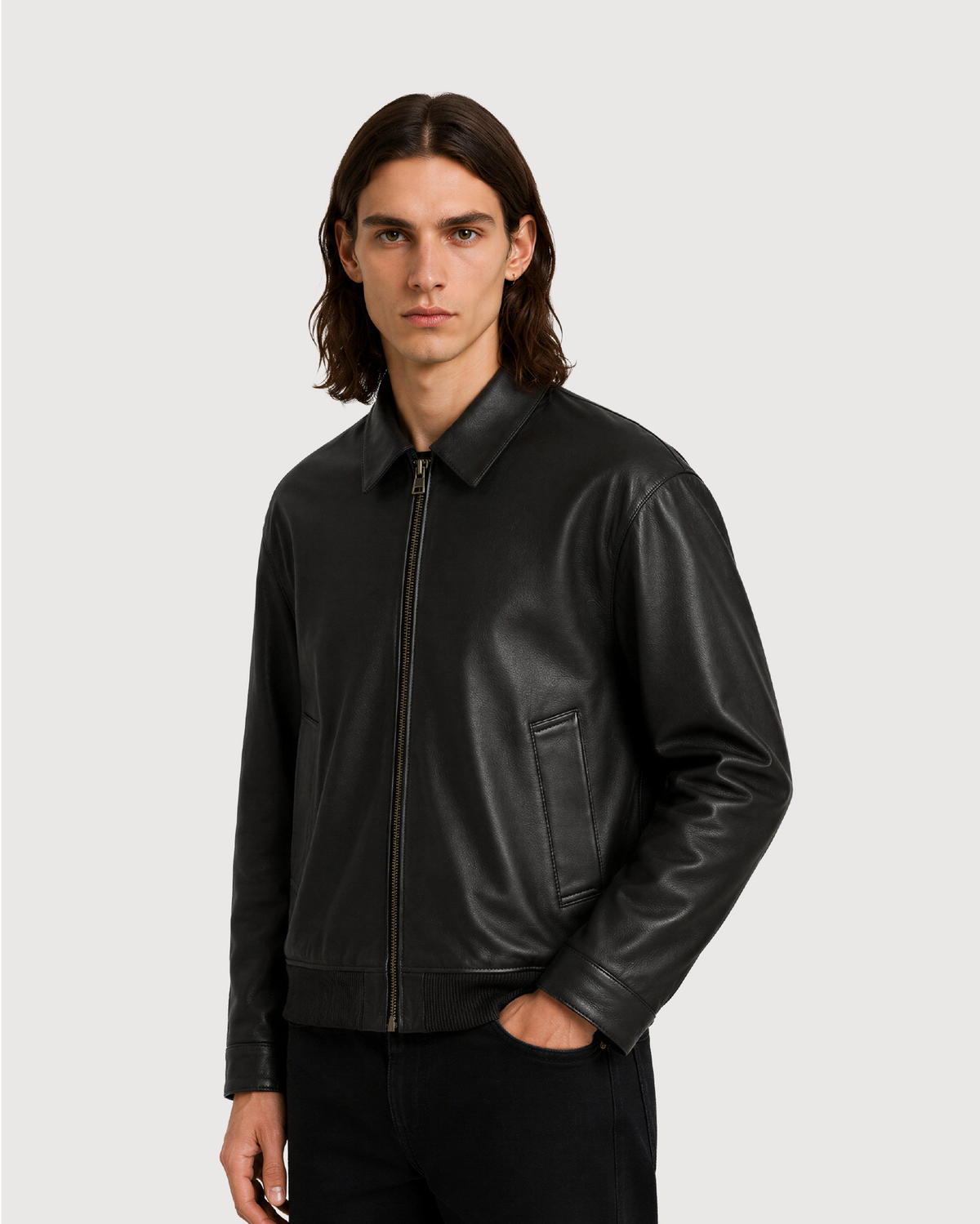 DRAKE Black Collared Leather Jacket - Left