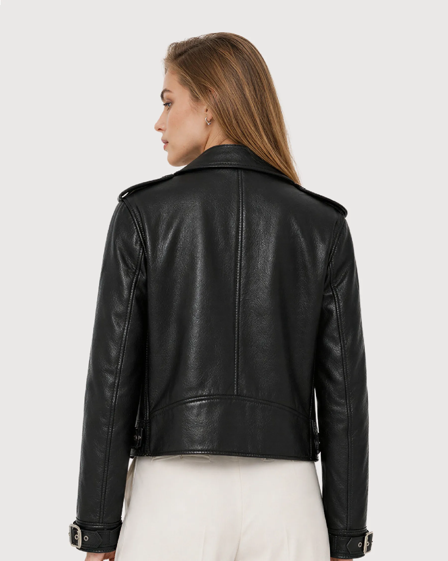 ELARA Black Cropped Biker Leather Jacket - Back