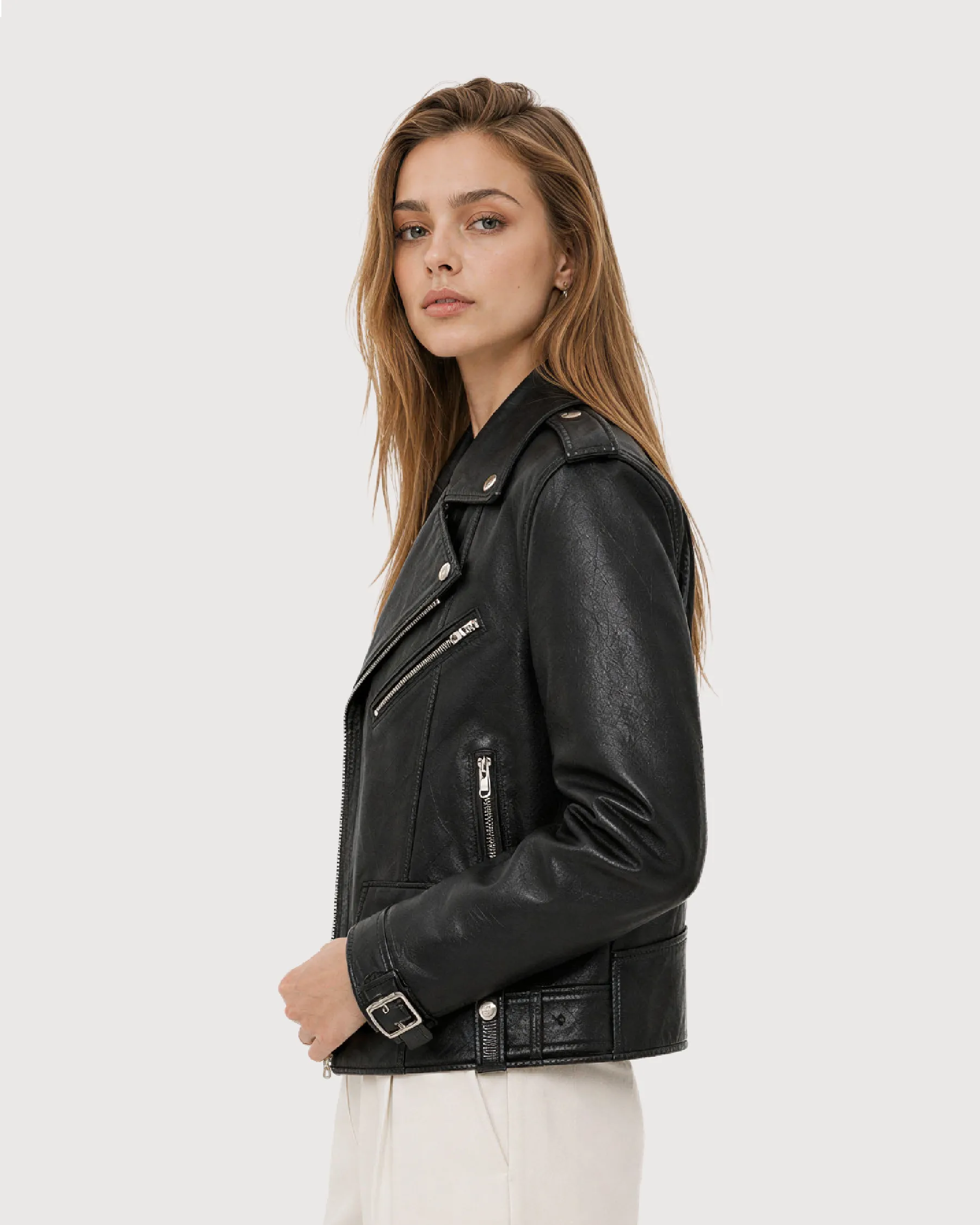 ELARA Black Cropped Biker Leather Jacket - Accessories