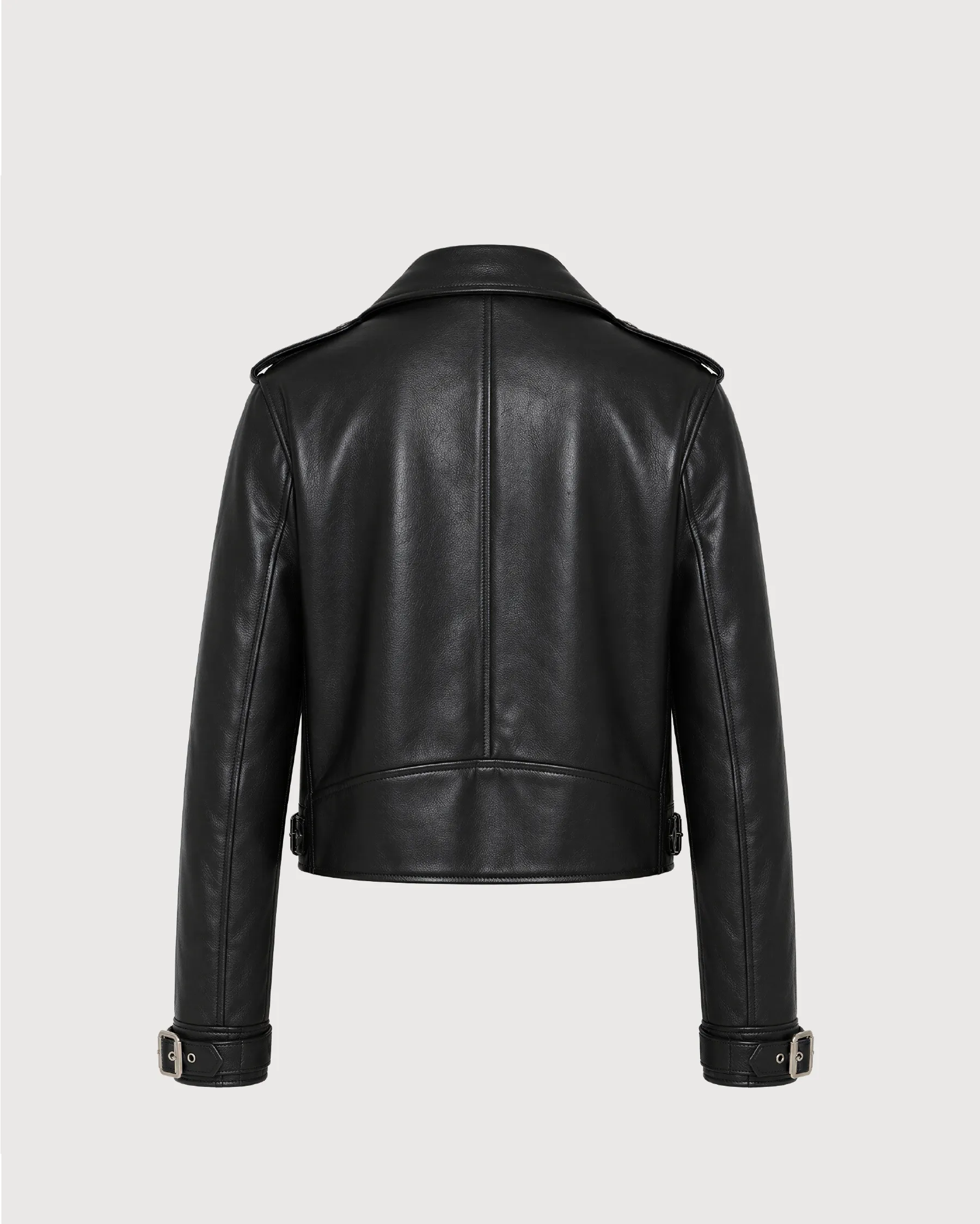 ELARA Black Cropped Biker Leather Jacket - Back