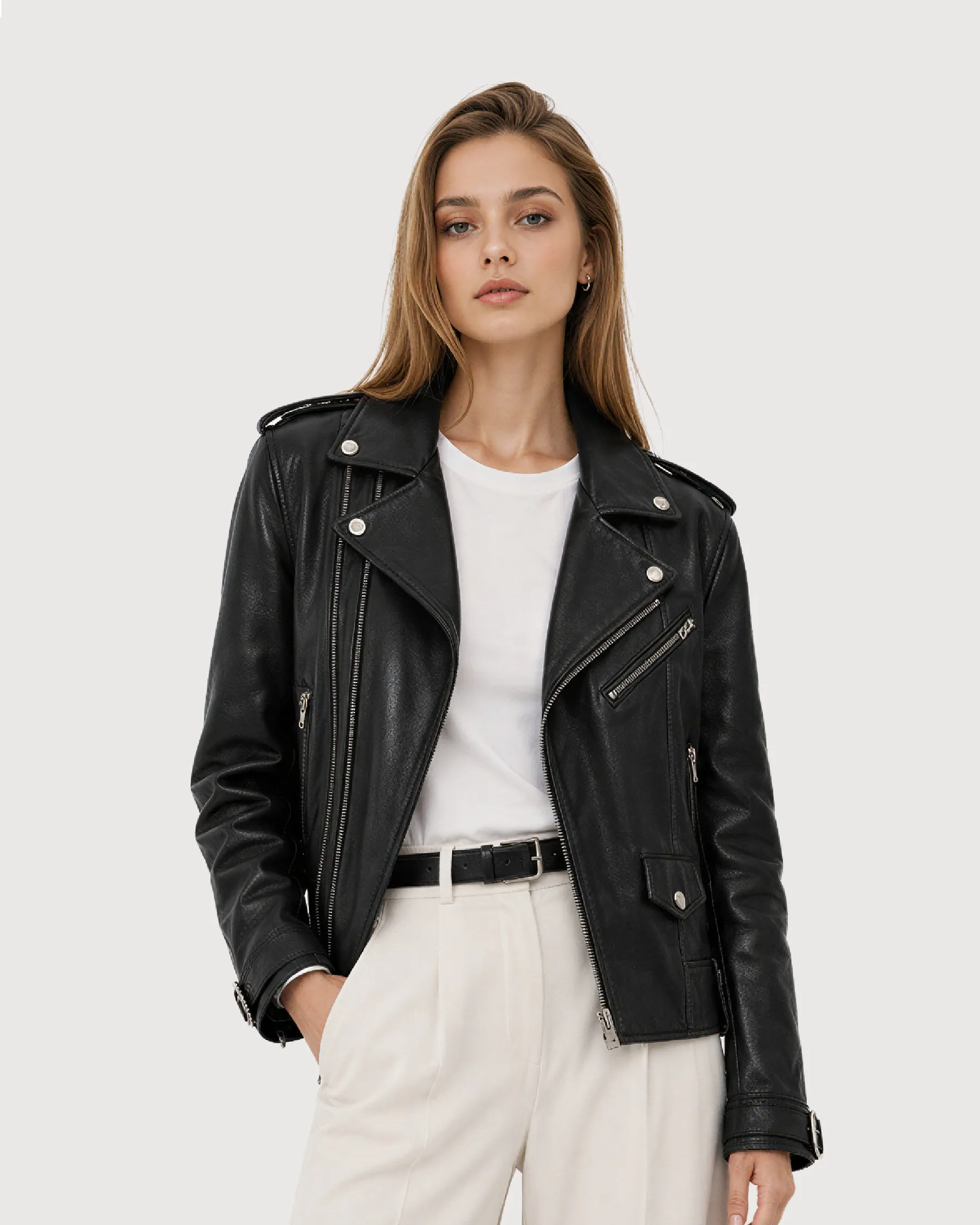 ELARA Black Cropped Biker Leather Jacket - Open Zipper