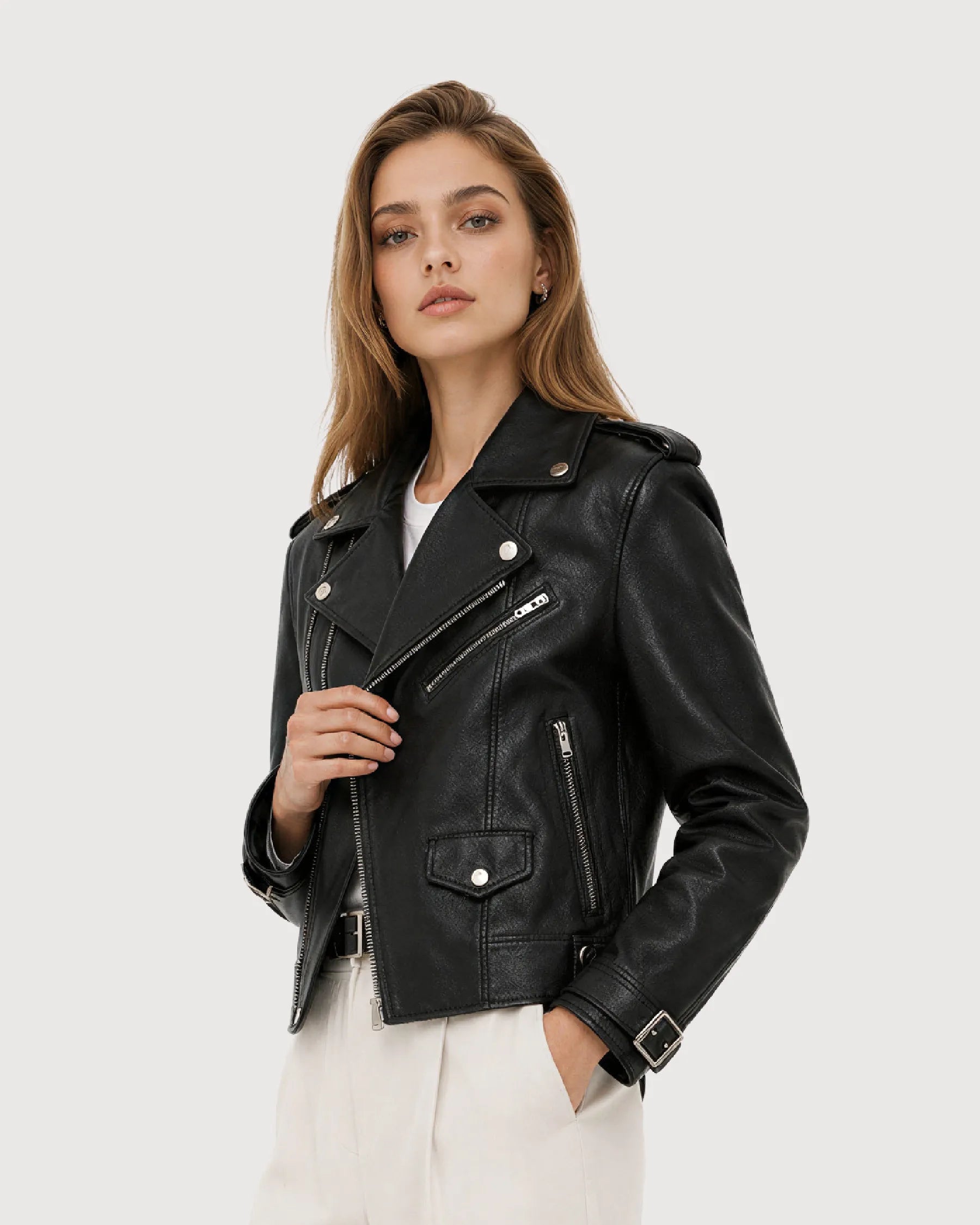 ELARA Black Cropped Biker Leather Jacket - Side
