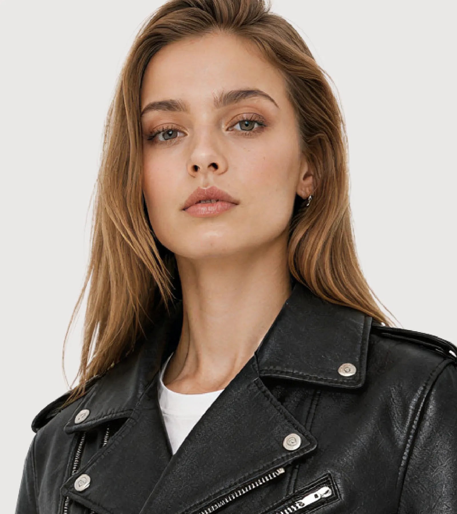 ELARA Black Cropped Biker Leather Jacket - Zoom