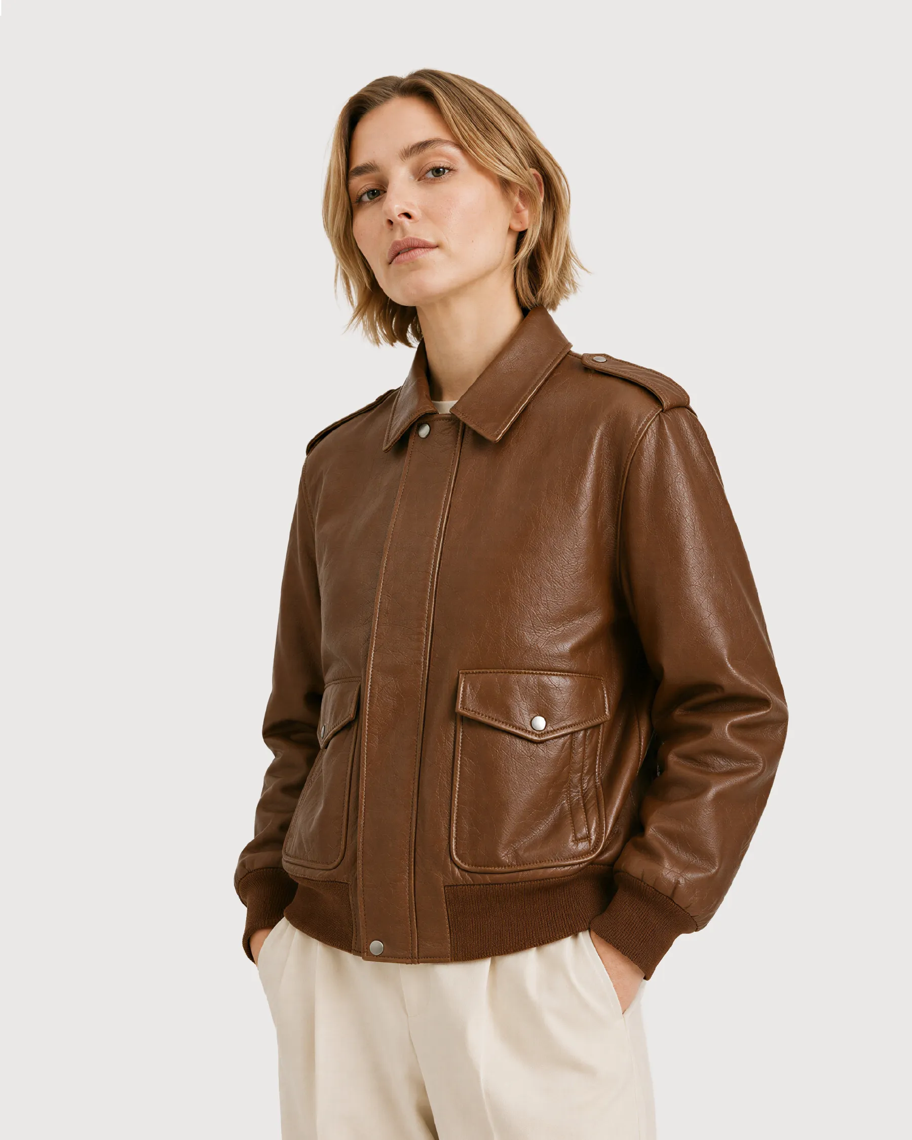 HALEN Brown Leather Flight Bomber Jacket - Side