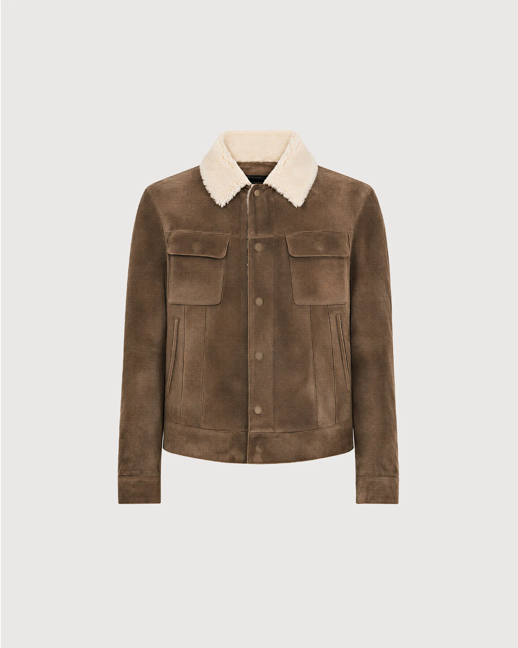HOLT Brown Suede Shearling Trucker Jacket - Front