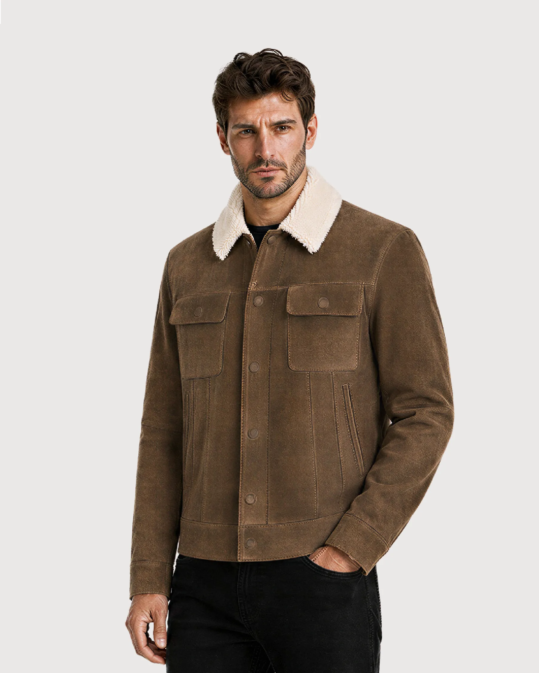 HOLT Brown Suede Shearling Trucker Jacket - Side