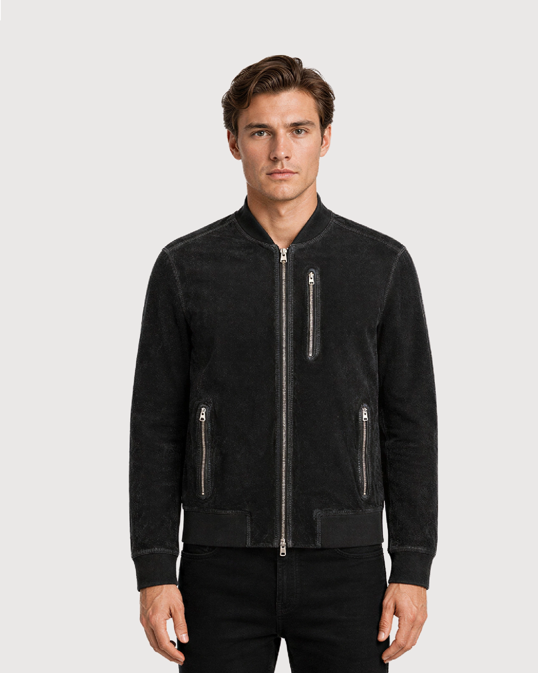 KELLAN Black Suede Bomber Leather Jacket