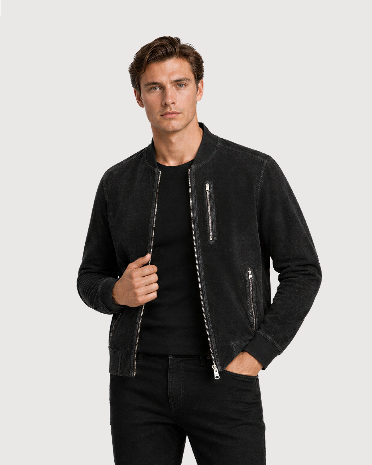 KELLAN Black Suede Bomber Leather Jacket - Open Zipper