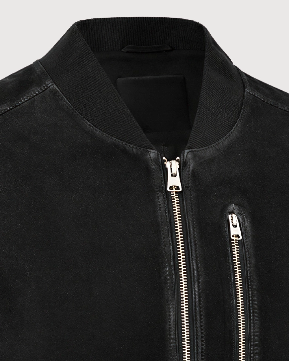 KELLAN Black Suede Bomber Leather Jacket - Ribbed Collar