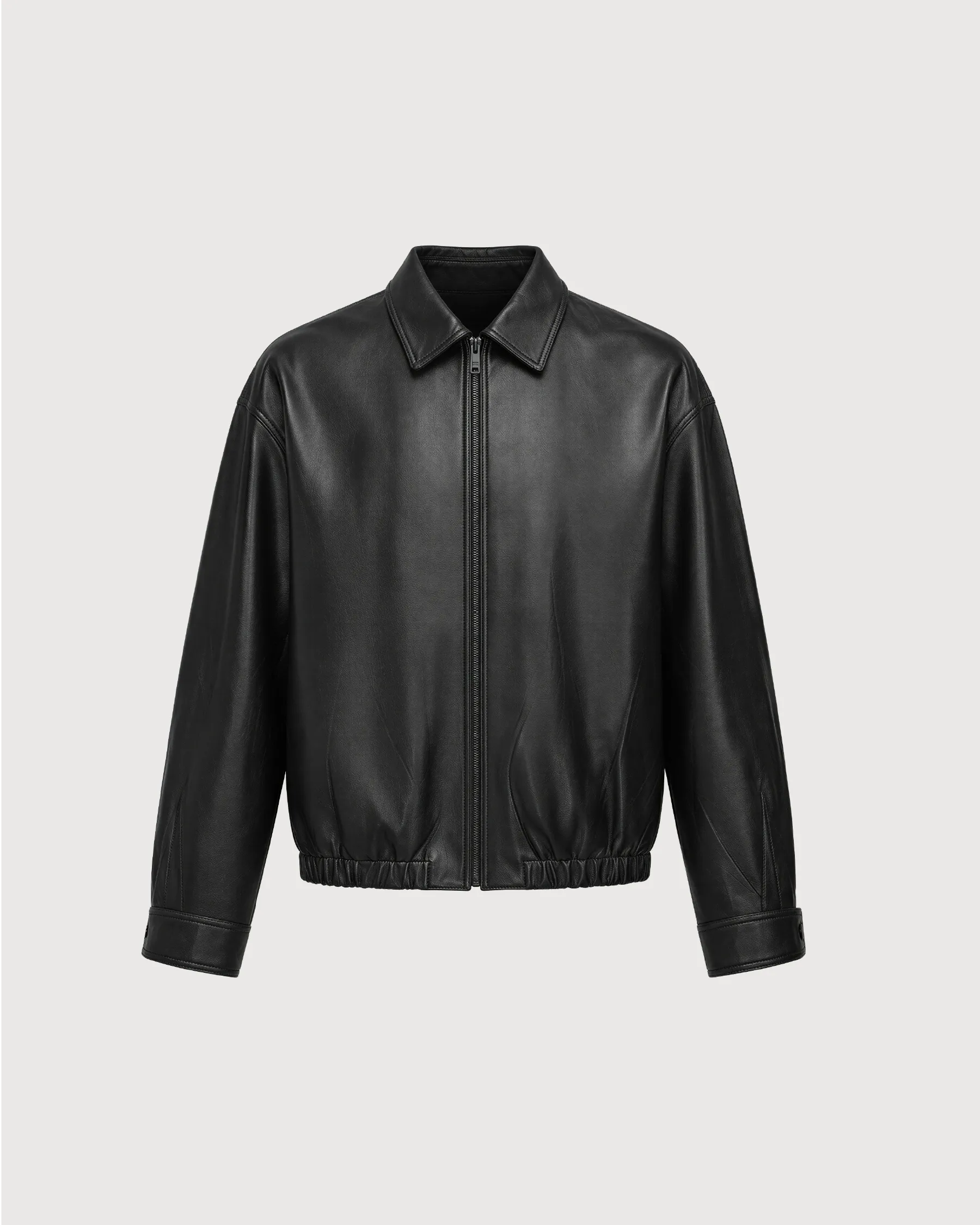 KIRA Cropped Black Leather Bomber Jacket - Front