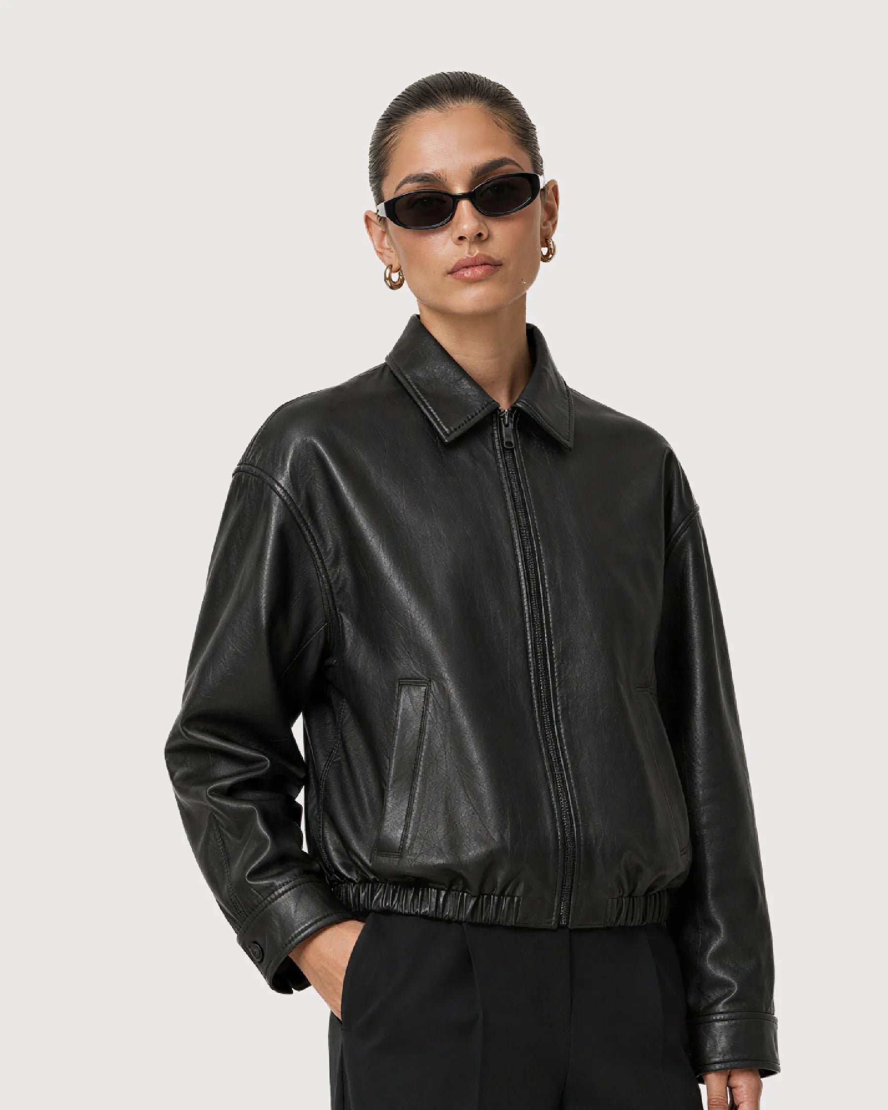 KIRA Cropped Black Leather Bomber Jacket - Left