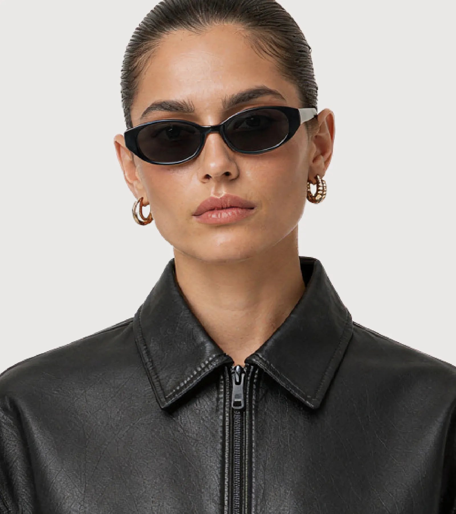 KIRA Cropped Black Leather Bomber Jacket - Zoom