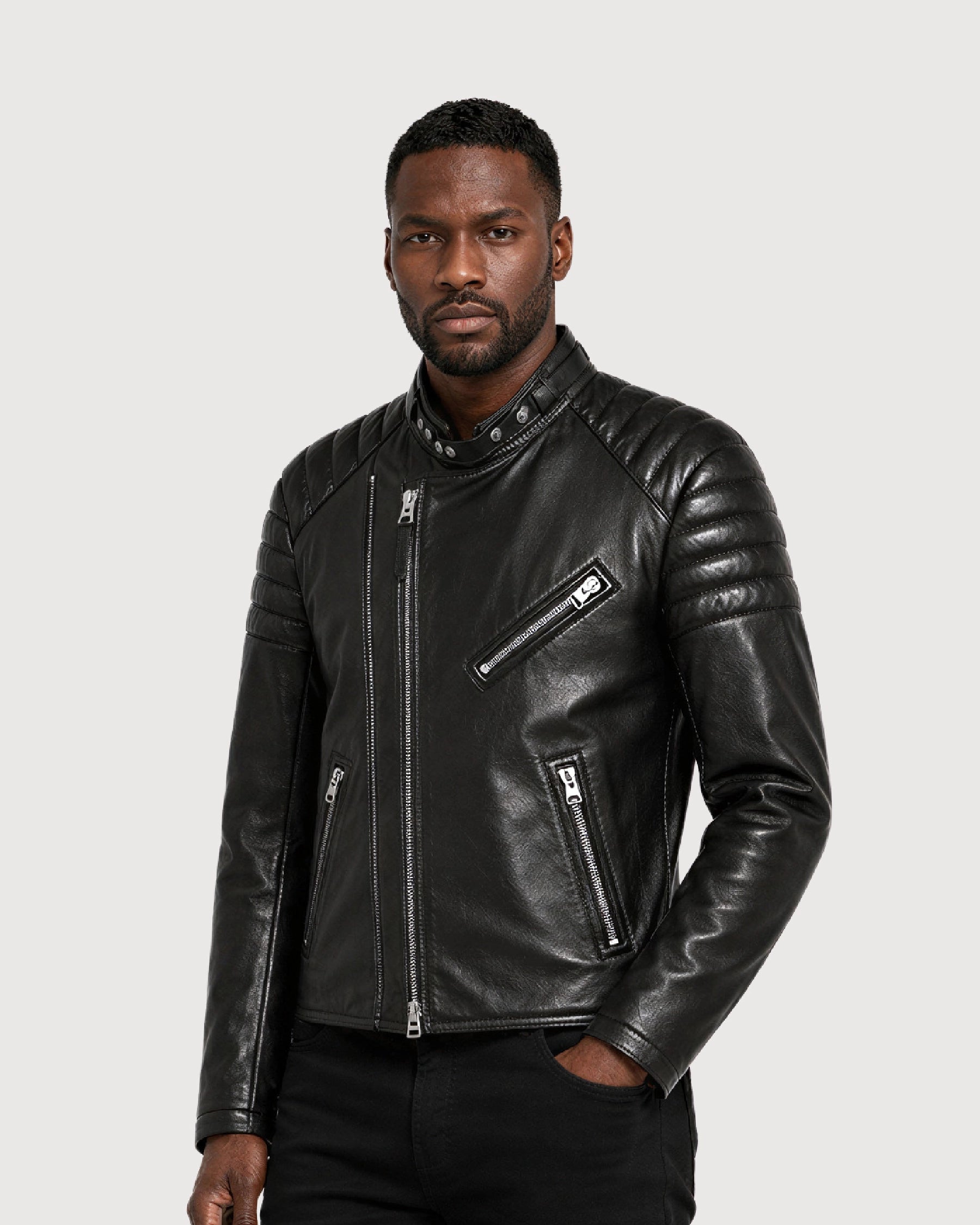 KNOX Black Quilted Biker Leather Jacket - Side