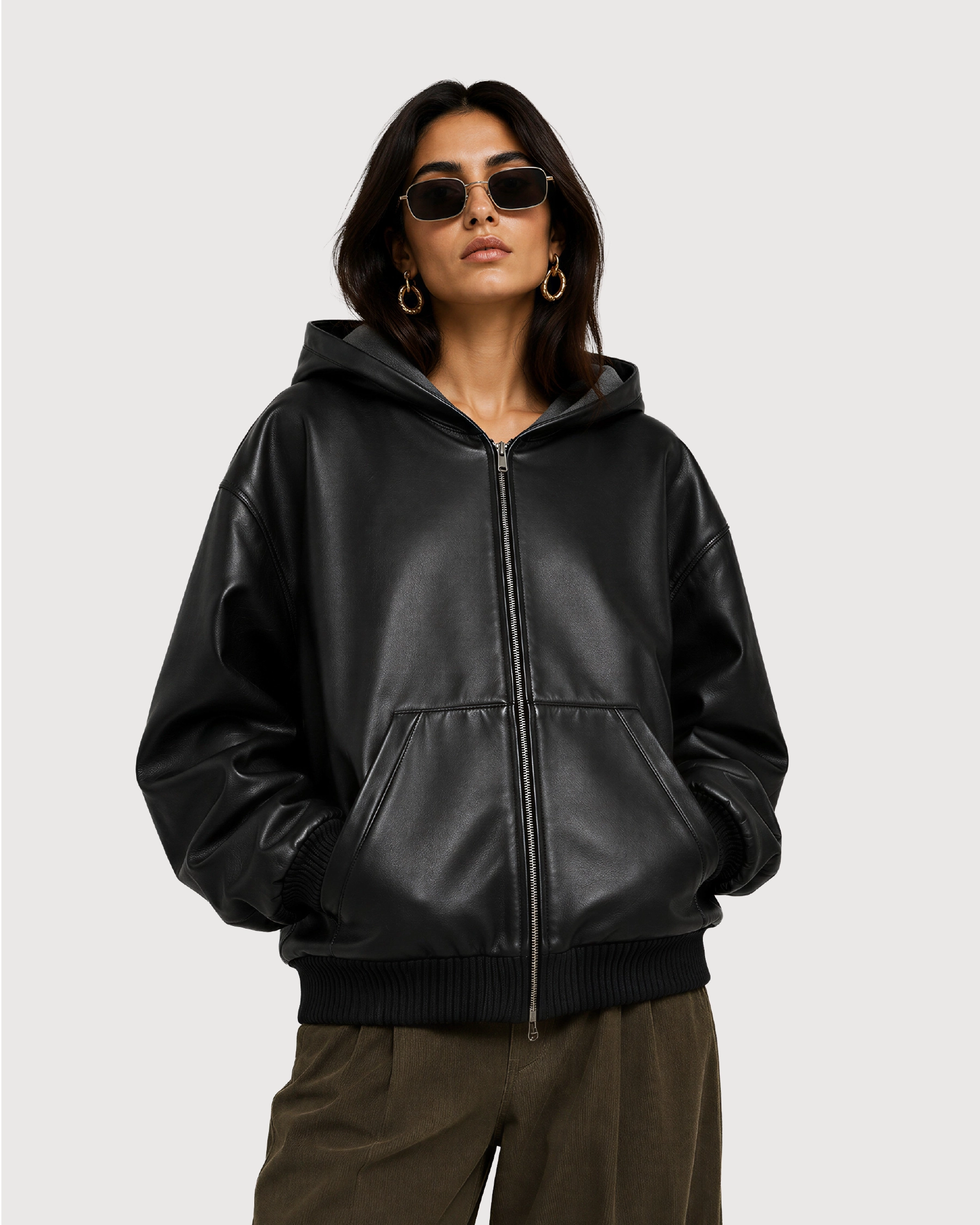 LORIN Black Hooded Leather Bomber Jacket