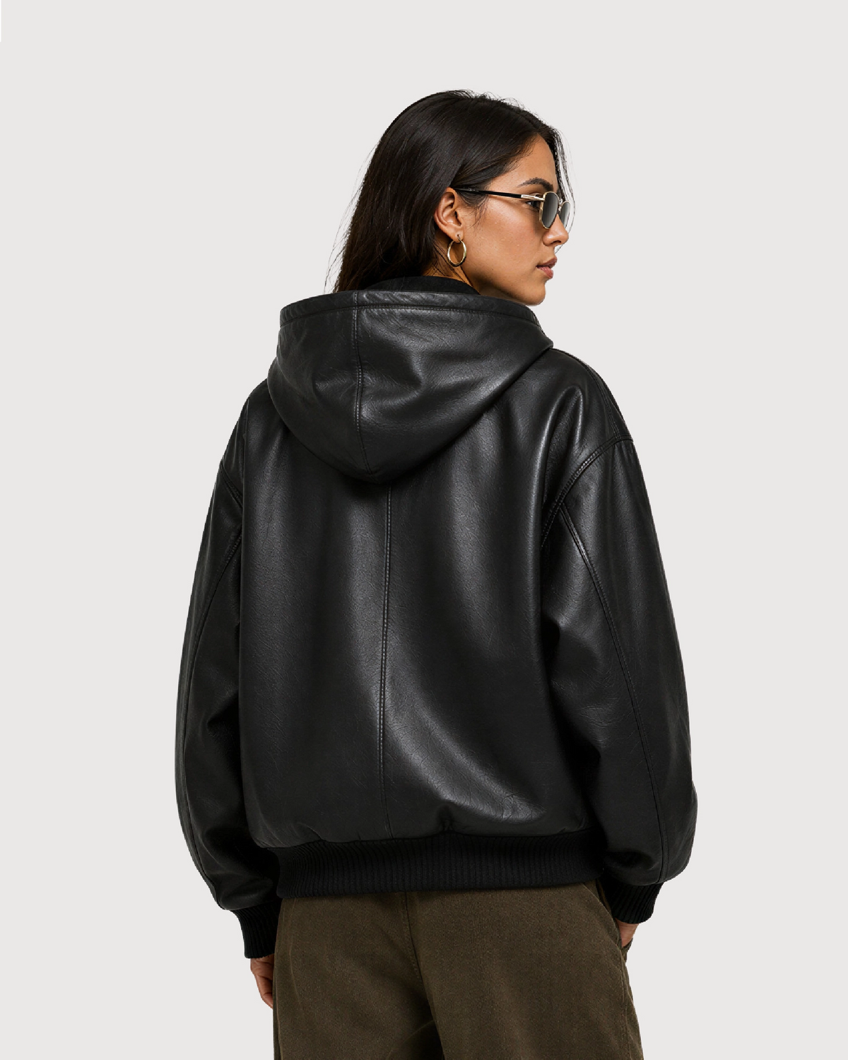 LORIN Black Hooded Leather Bomber Jacket - Back